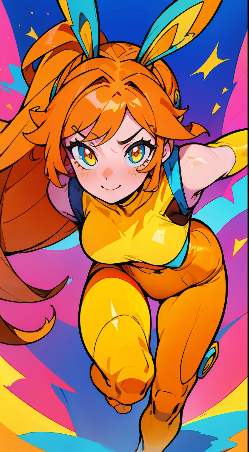 ((Best Quality)), ((Masterpiece)), ((Realistic)) tsuka kendou, 1woman, cute face, determined look, smile, long legs, full body, adult mature female (spiky orange-pink hair, (orange-pink mullet 1.1)), (long hair), bright cyan eyes, (yellow pupil,) hero, sleeveless blue spandex bodysuit, long orange-pink rabbit ears, colored concept art, highly detailed character design, highly detailed face, Vivid and colorful colors, Delicate lines