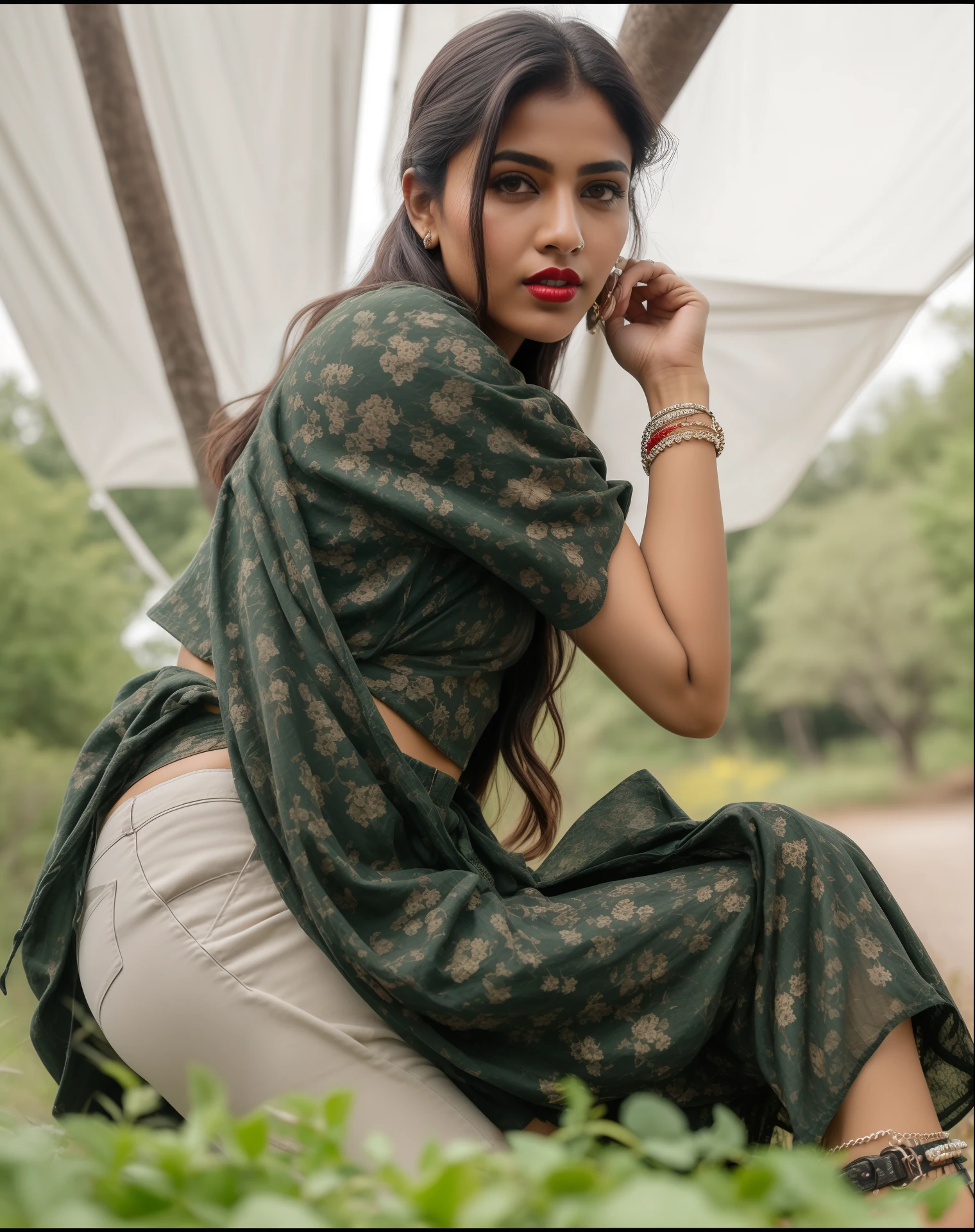 ((RAW, analog style)), face, extremely detailed full body color photo of a 25 y.o girl, beautiful face, beautiful eyes, ((small nose)), big natural lips, ((fabric crop top)), small breasts, slim body, outdoor, trees, ((film grain, skin details, high detailed skin texture, 8k hdr, dslr)), indian female model divya bharti, dark red lips, dark red lips, black color shorts