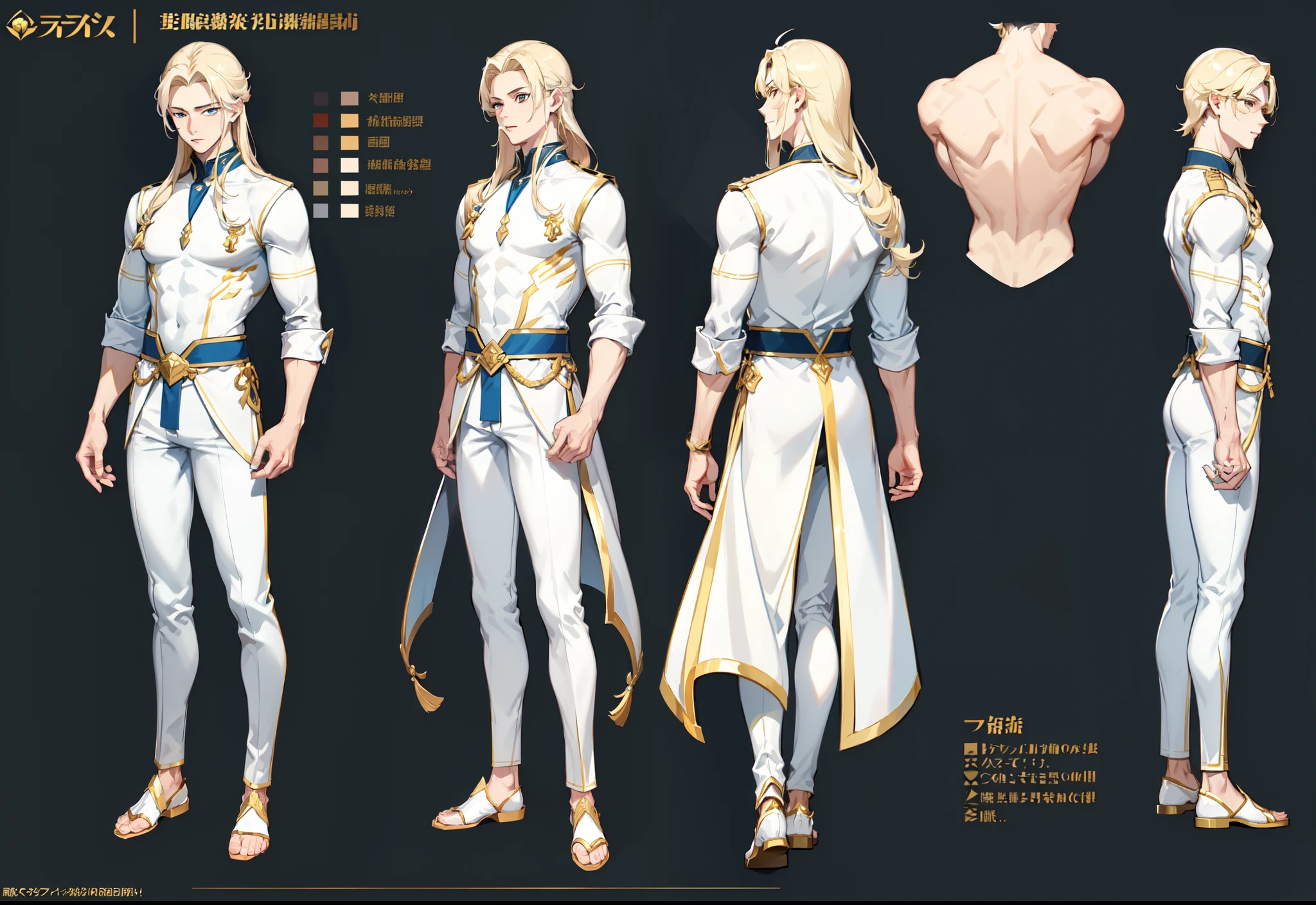 1boy, single, asian boy, reference sheet, character design, front angle, side angle, rear angle, dynamic poses, tall man, (masterpiece:1.2), (best quality:1.3), navy outfit, commander outfit, muscle body, athletic body. (Gold eyes), (long hair), (long bangs), (gold hair), (pale skin), (reference sheet:1.5)