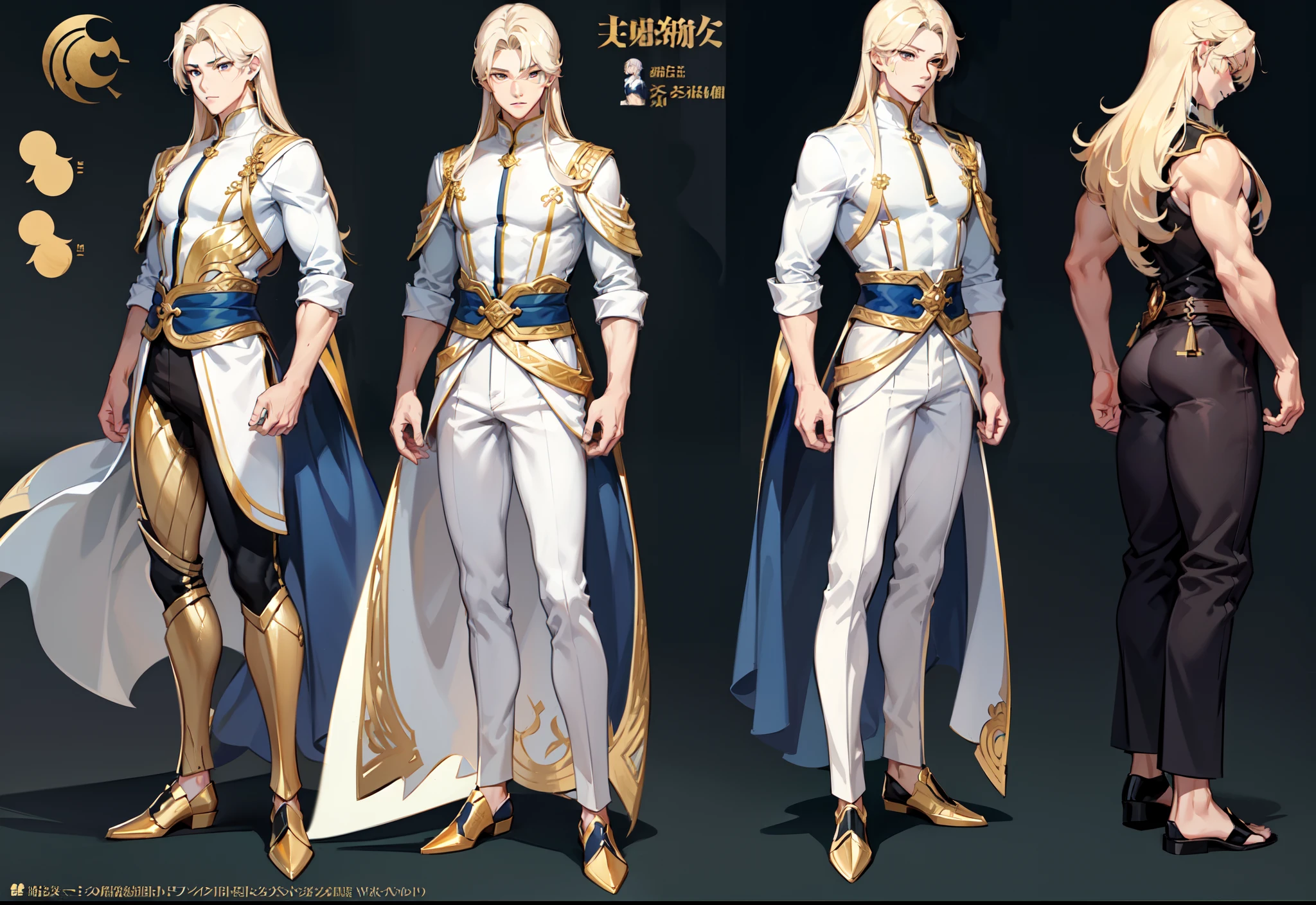 1boy, single, asian boy, reference sheet, character design, front angle, side angle, rear angle, dynamic poses, tall man, (masterpiece:1.2), (best quality:1.3), navy outfit, commander outfit, muscle body, athletic body. (Gold eyes), (long hair), (long bangs), (gold hair), (pale skin), (reference sheet:1.5)