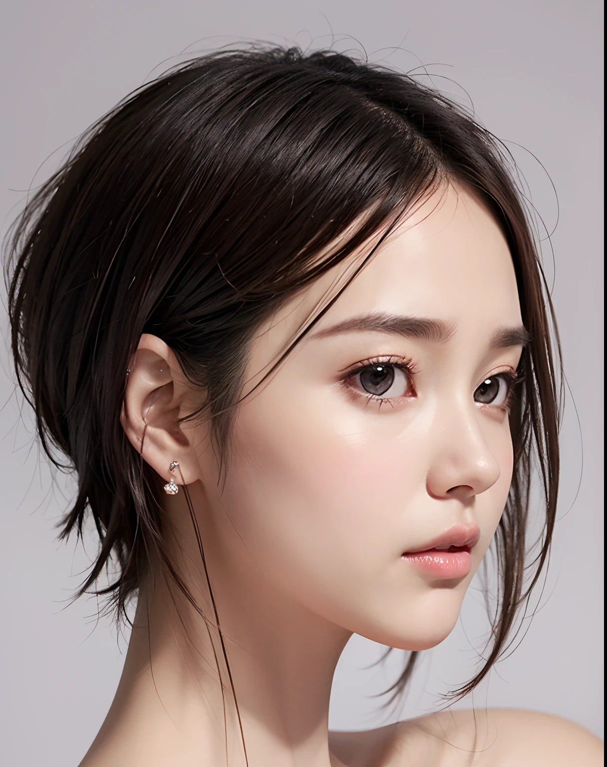 photoRealstic、hight resolution、Profile close-up、focus、zoomed、1 Pretty Woman、modeled、Short Bob（A dark-haired）、relaxed expression、Big piercings、Moisturized eyes、lofty nose、Glossy lips、long and beautiful neck、pink cheek、Natural makeup