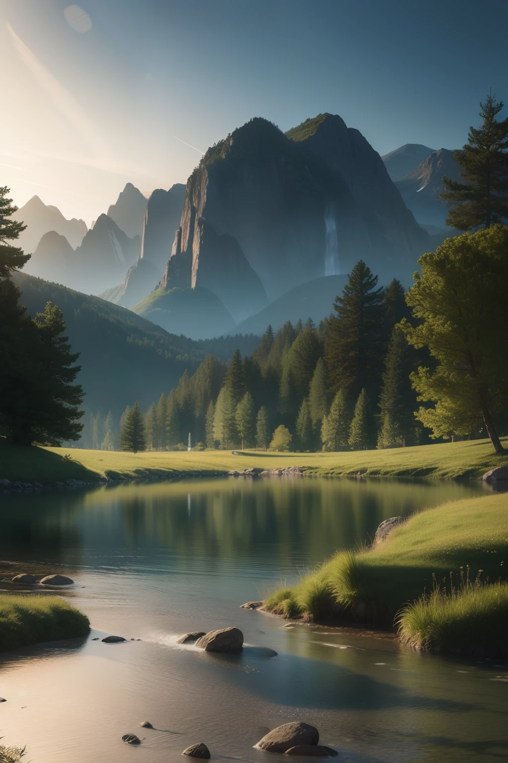 Quiet place, very pleasant, beautiful, calm, scenic. Photorealistic, 8K UHD, Studio Quality, Surreal, Maximum Detail, Large, Post-Processing, Realism, Photoshop, Photography, Detail, Cinema Lighting, Landscape, Panorama, Landscape, Ray Tracing, cinema4D