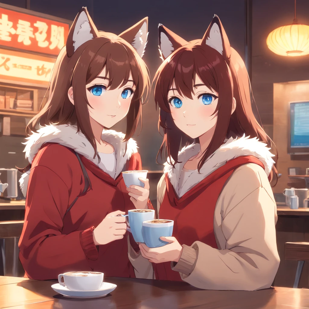 brown haired girls, Blue eyes, Wearing red fox furry clothes, Look to the right of the camera, Holding a large cup of coffee, Movie anime, High quality