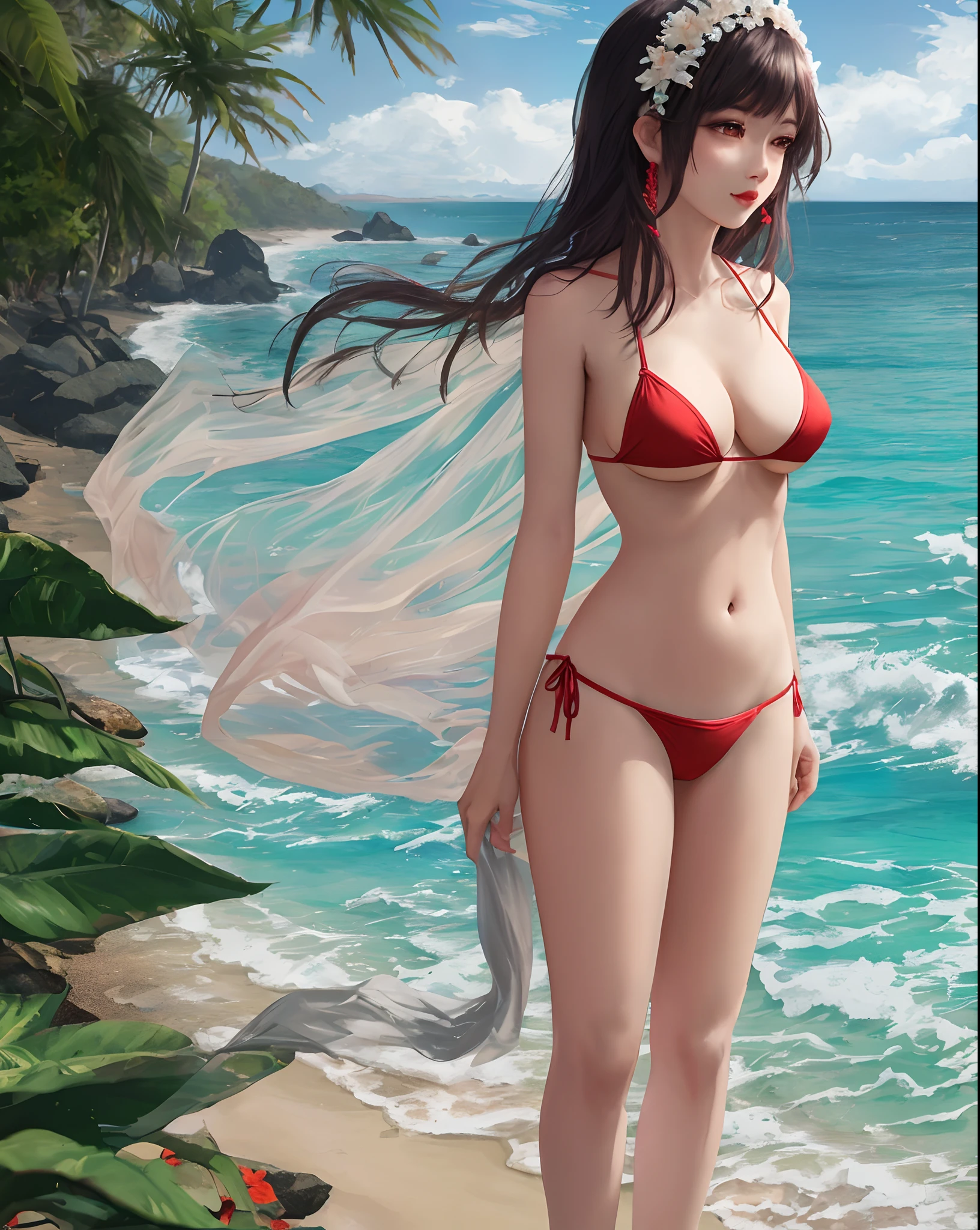 Imagine uma garota de hentai na praia, standing there wearing only a tight red bikini