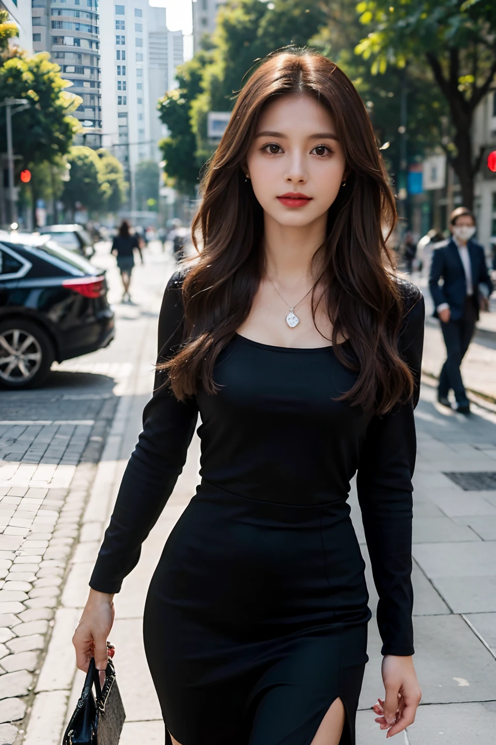 Mulher jovem, 25 anos, pele clara, medium wavy brown hair, mid hair, ultra realista, alta qualidade, 8k, 4k, qualidade superior, vestido um look fashionista, Businesswoman, bem sucedida,