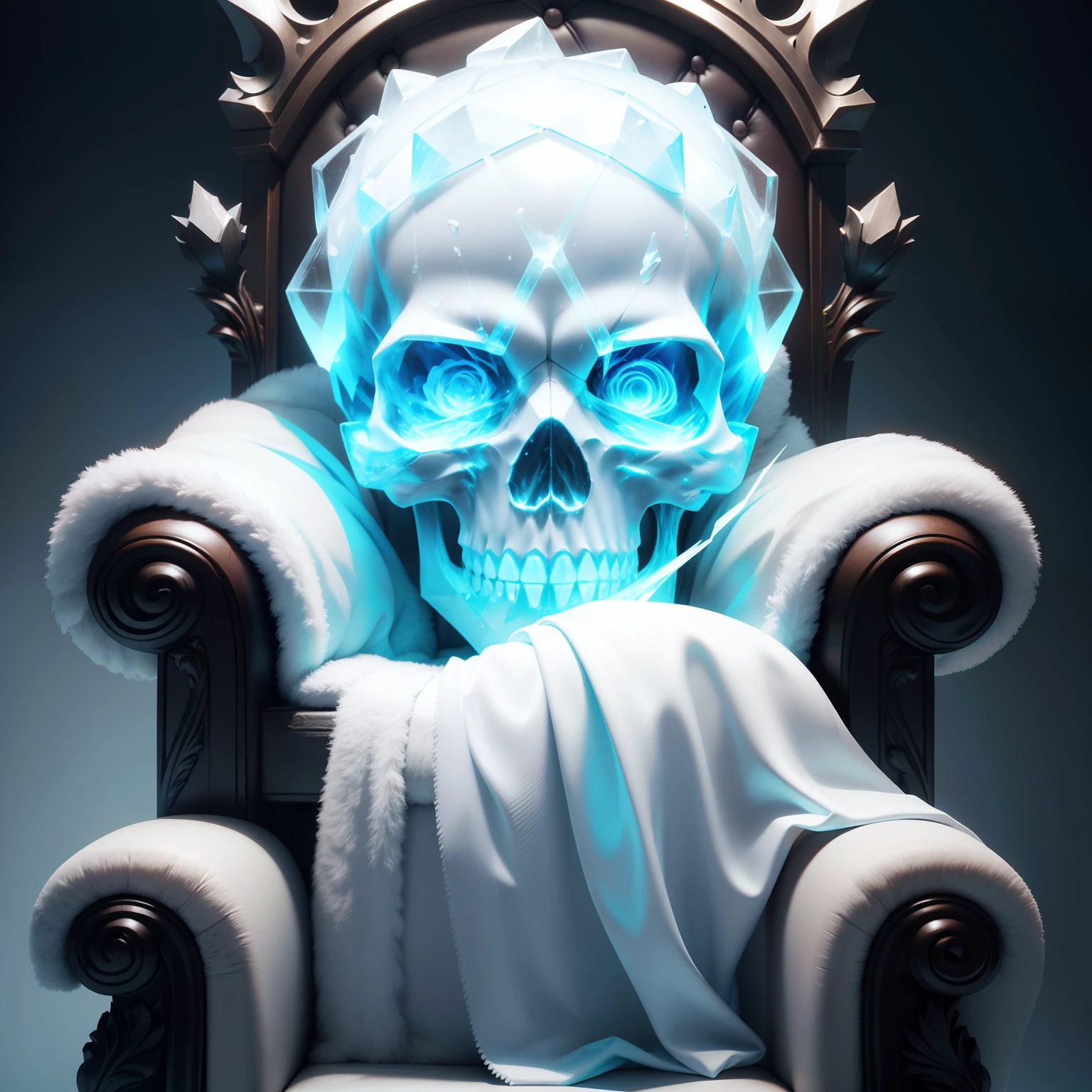 Skull Head made of ice on a throne, realista