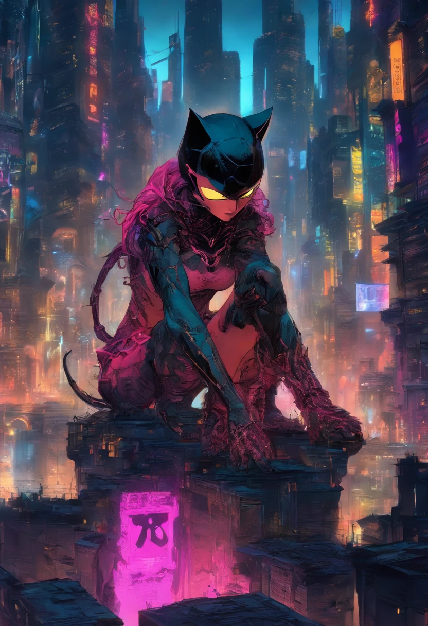 cuerpo completo, Estilo Instaport, Perfect anatomy, Catwoman, crouching on a stone gargoyle, overlooking the streets of Gotham City below, Por la noche, dynamic, Altamente detallado, Artstation, Arte conceptual, Suave, foco nítido, 插圖, arte de Carne Griffiths y Wadim Kashin, Sf, Obra maestra de arte intrincada, ominoso, matte paint movie poster, golden ratio, tendencias en CGSociety, intrincado, epopeya, tendencias en Artstation, por artgerm, h. r. Giger y Beksinski, Altamente detallado, Vibrante, production cinematic character render, Modelo de ultra alta calidad