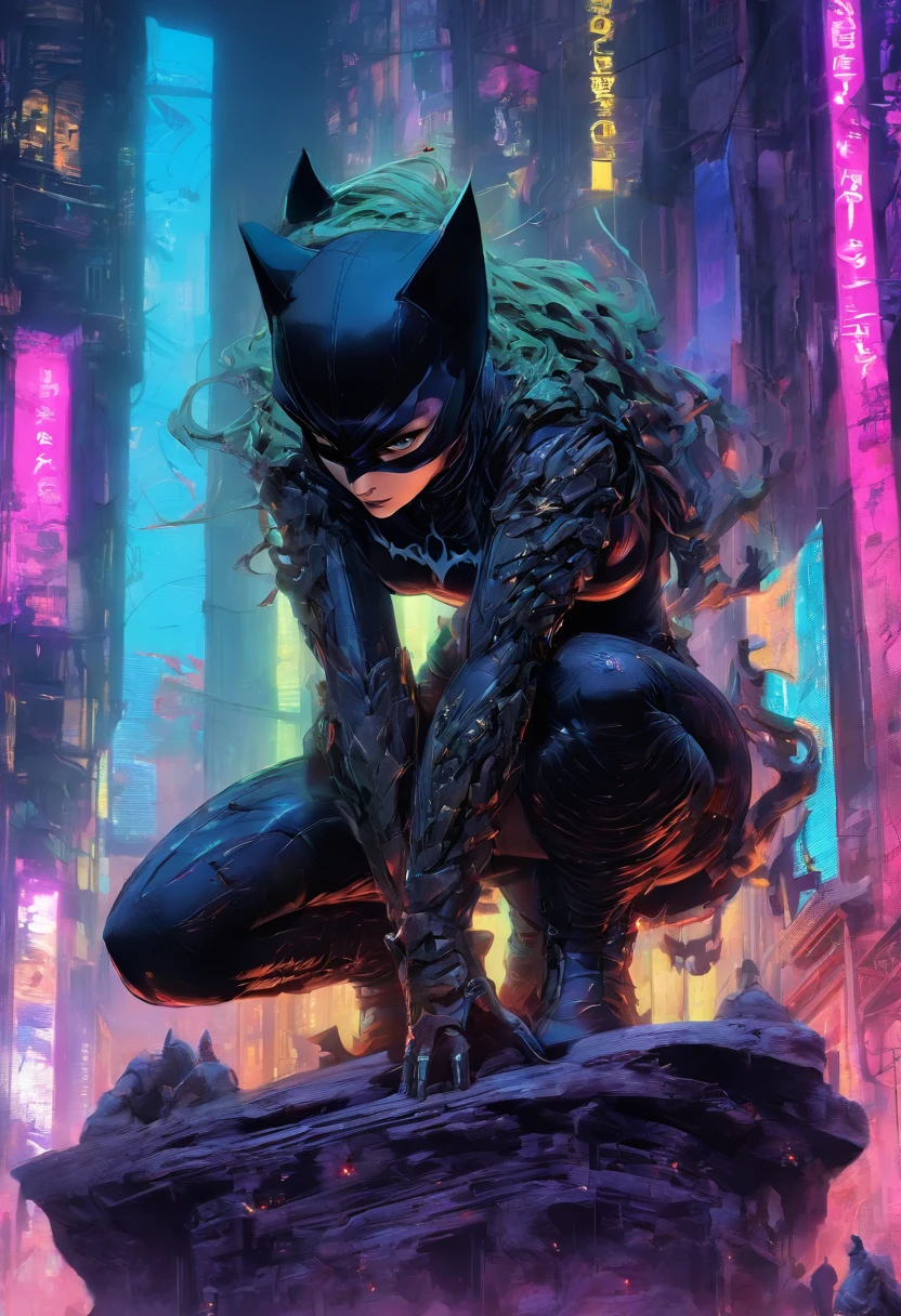cuerpo completo, Estilo Instaport, Perfect anatomy, Catwoman, crouching on a stone gargoyle, overlooking the streets of Gotham City below, Por la noche, dynamic, Altamente detallado, Artstation, Arte conceptual, Suave, foco nítido, 插圖, arte de Carne Griffiths y Wadim Kashin, Sf, Obra maestra de arte intrincada, ominoso, matte paint movie poster, golden ratio, tendencias en CGSociety, intrincado, epopeya, tendencias en Artstation, por artgerm, h. r. Giger y Beksinski, Altamente detallado, Vibrante, production cinematic character render, Modelo de ultra alta calidad
