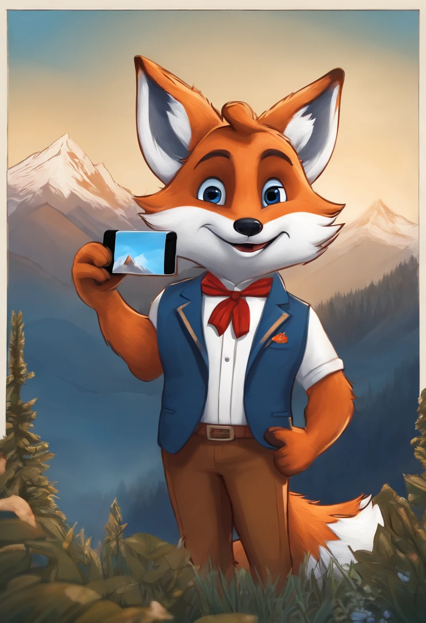 peludo, anthropomorphic fox, macho con pelaje azul y blanco, digitigrade, cuerpo completo, Postura sentada, Imagen, Mirando al espectador sonriendo, beatiful mountain background, Tomarse una selfie,