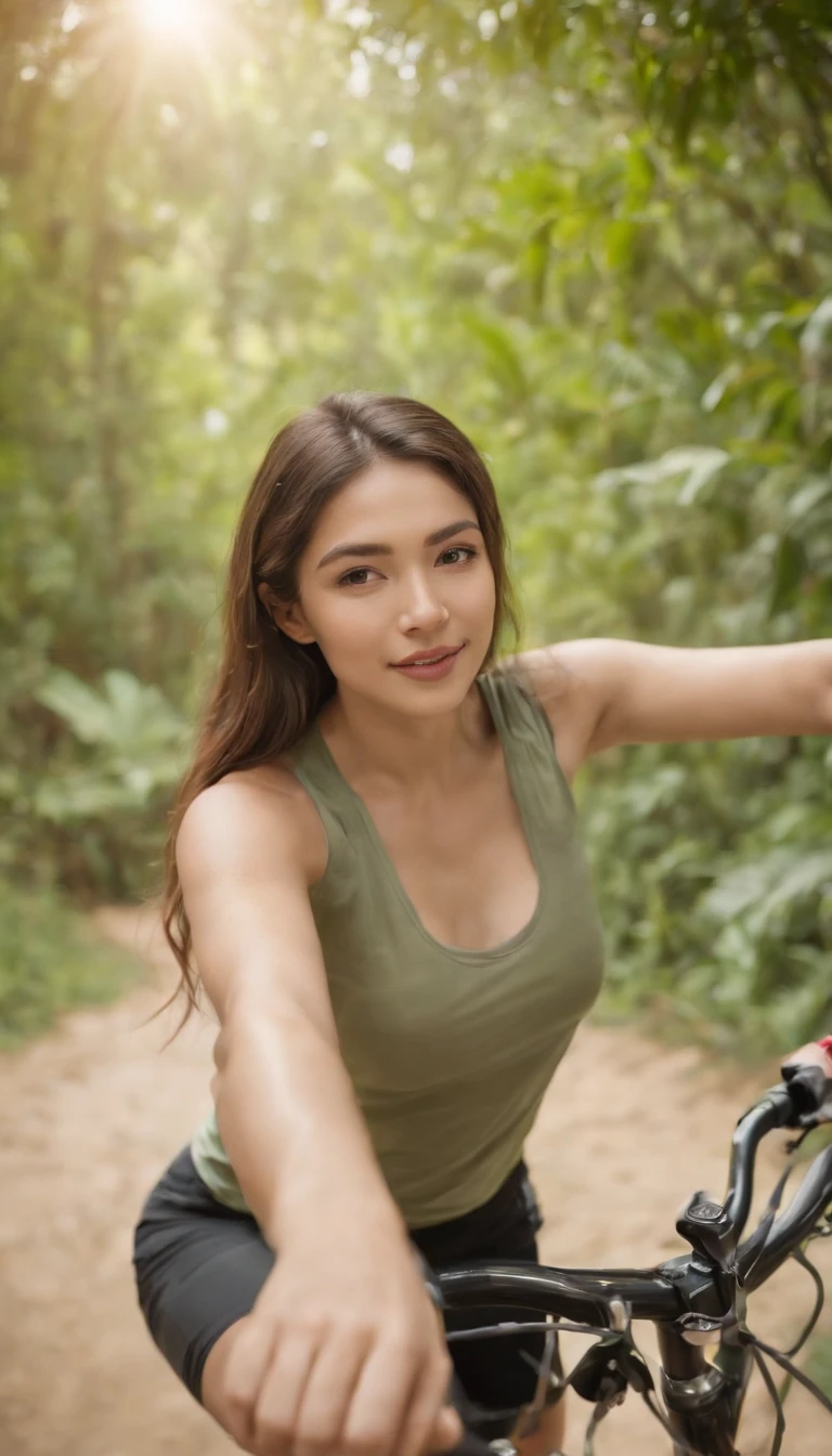 VeronicaCipher ((upper body selfie, happy)), masterpiece, best quality, ultra-detailed, solo, outdoor, nature, tropical park landscape, with montain bike, bicycle helmet