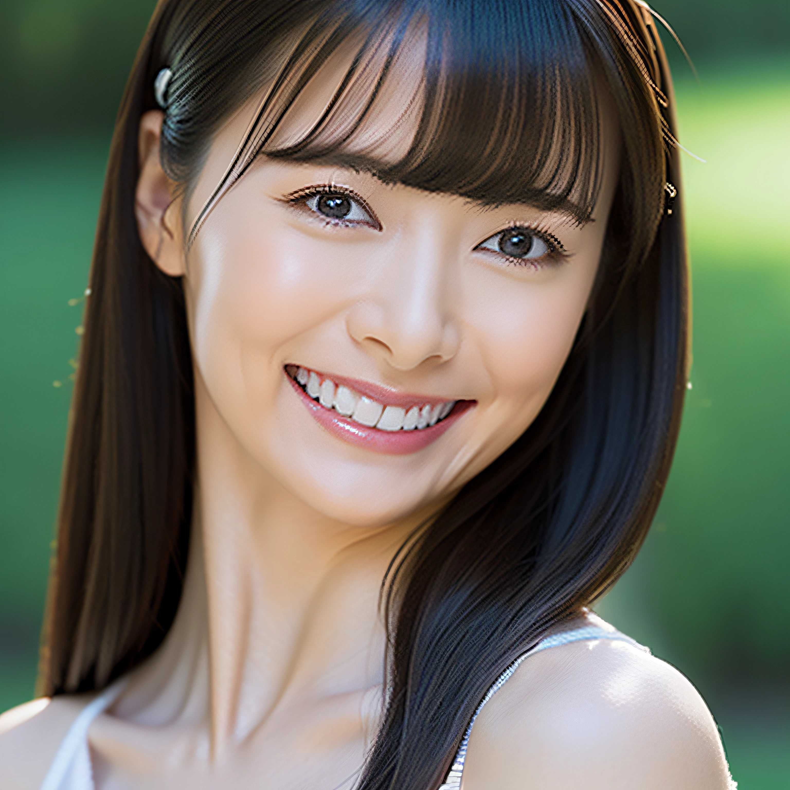 (A hyper-realistic)、(illustratio)、(Increase the resolution)、(8K)、(ighly detailed)、(The best illustrations)、(beatiful detailed eyes)、(top-quality)、(ultra-detailliert)、(masterpiece)、(wall-paper)、(详细的脸)、独奏、1 girl in、looking at the spectator、exquisitedetails、A detailed face、、pureerosfaceace_v1、a smile、length hair、straight haired、46-point diagonal bangs、Exposed skin、sexy pose、fully body photo、opened breast、grassy、No underwear。Leaky panties。