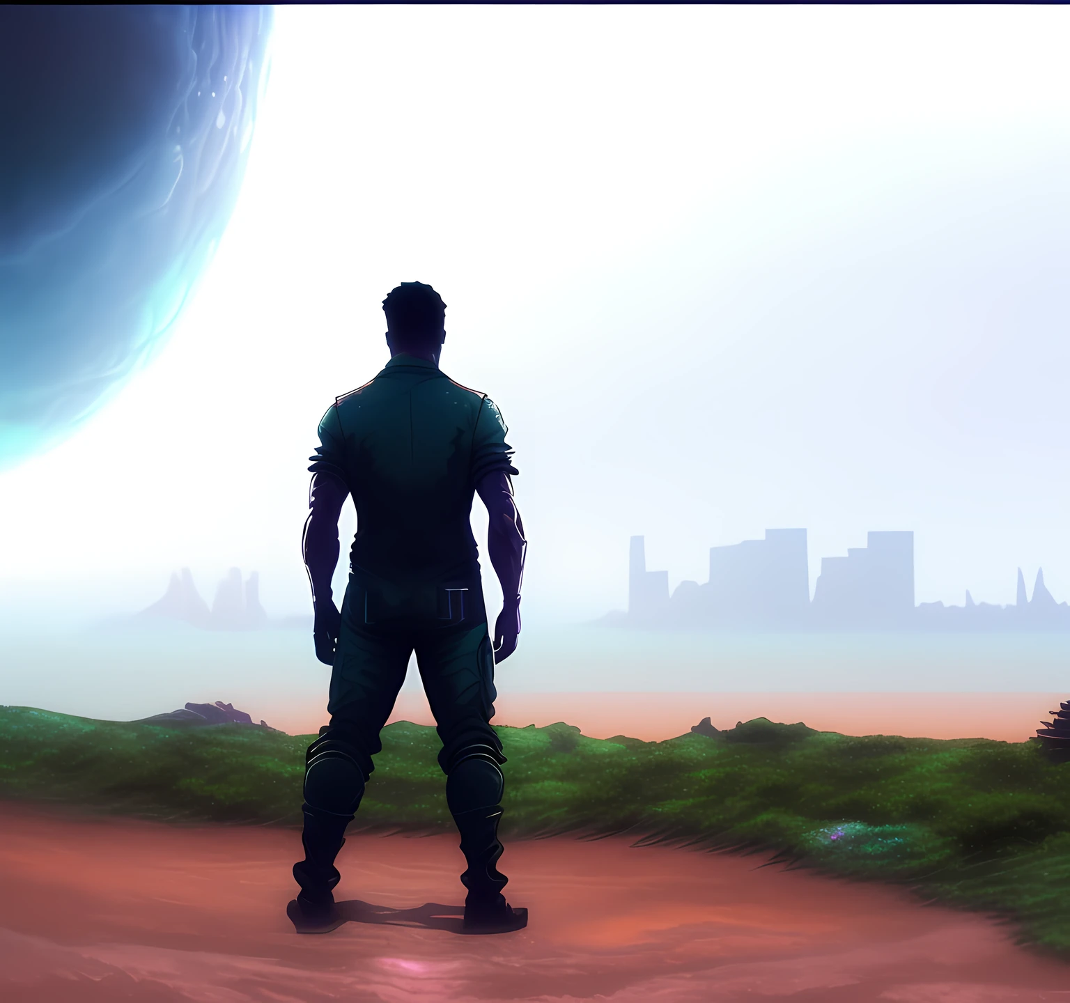 there is a man standing on a dirt road looking at the ocean, in front of a cosmic horror cityscape, with earth in the background, distant full body view, with a city in the background, matte painting portrait shot, in front of a fantasy city, distant full body shot, cinematic view!!!, vfx shot, looking at the city, distant - mid - shot