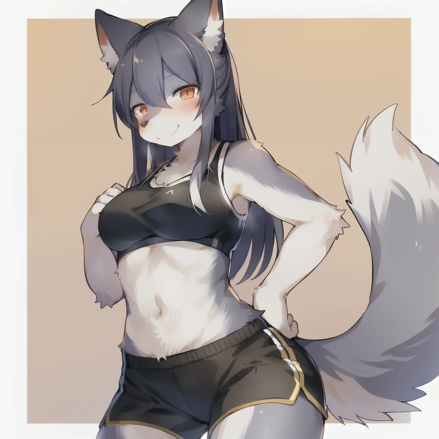 by c-3matome, by suurin_2, solo, female, wolf, canine, grey fur, (snout, hair, tail), long hair, pony tail, smile, happy smile, lean body, wide hips, hourglass body, booty shorts, sports bra.