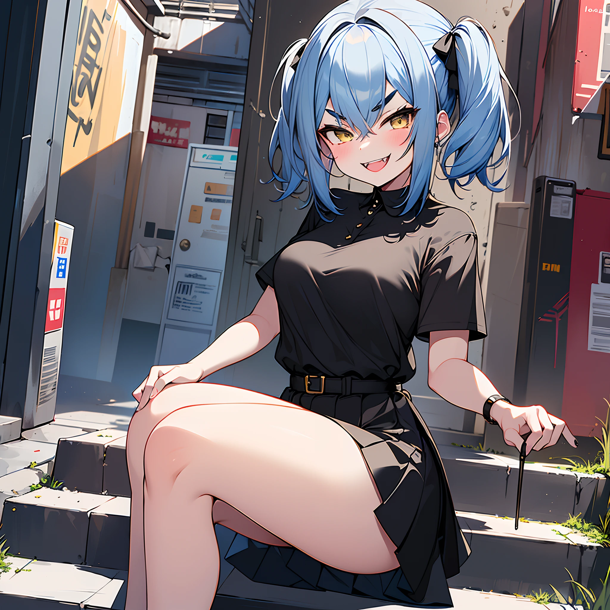Masterpiece, best quality, high quality, {{{1 girl}}}, {{{solo}}}, Anime girl with blue hair sitting on the ground, blue hair, ((Medium short hair)), ((messy Hair)), (Short hair), (((Unkempt hair))), ((big sized short twin tails)), ((diagonal bangs)), Yellow eyes, slant eyes, ((thick eyebrows)), fangs, (((Spiteful smile, smirk, fangs))), ((black short sleeve shirt)), black pleated short skirt, spike choker, spike leg ring, black shoes, huge breasts, highly detailed fine art, (finely detailed beautiful eyes and detailed face), delicate depiction of facial features, detailed metal jewelry, In The Graffiti Alley, Waste Container, Outside Stairs, Outdoor Unit