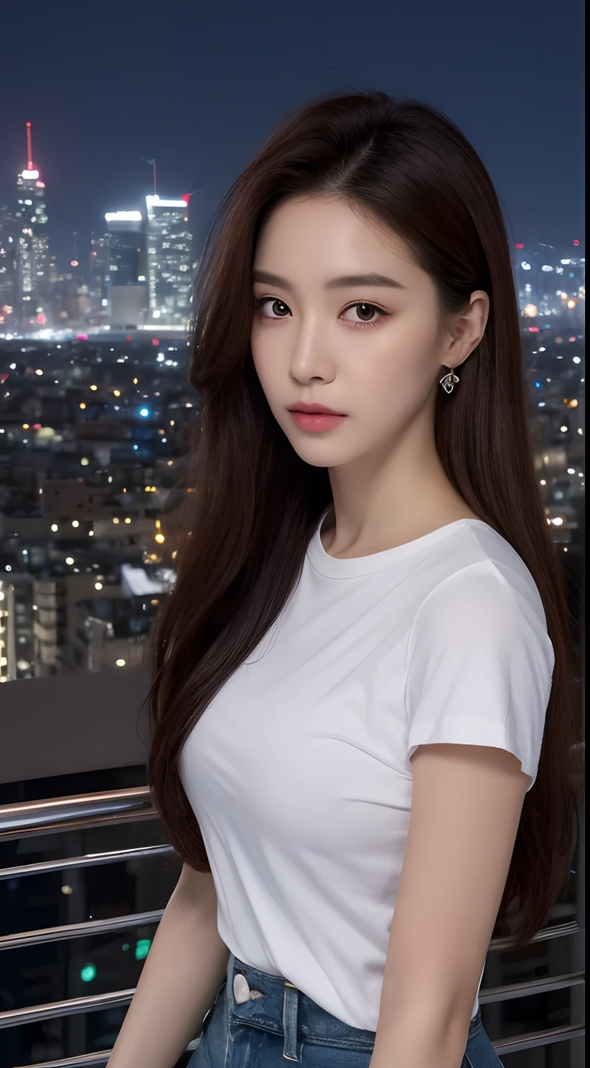 ((Midnight, Best quality, 8k, Masterpiece :1.3)), Whole body, Long legs, Sharp focus :1.2, A pretty woman with perfect figure :1.4, Slender abs :1.1, ((Dark brown hair, Big breasts :1.2)), (White tight tshirt, Jean bib, Standing:1.2), ((Night city view, Rooftop:1.3)), Highly detailed face and skin texture, Detailed eyes, Double eyelid