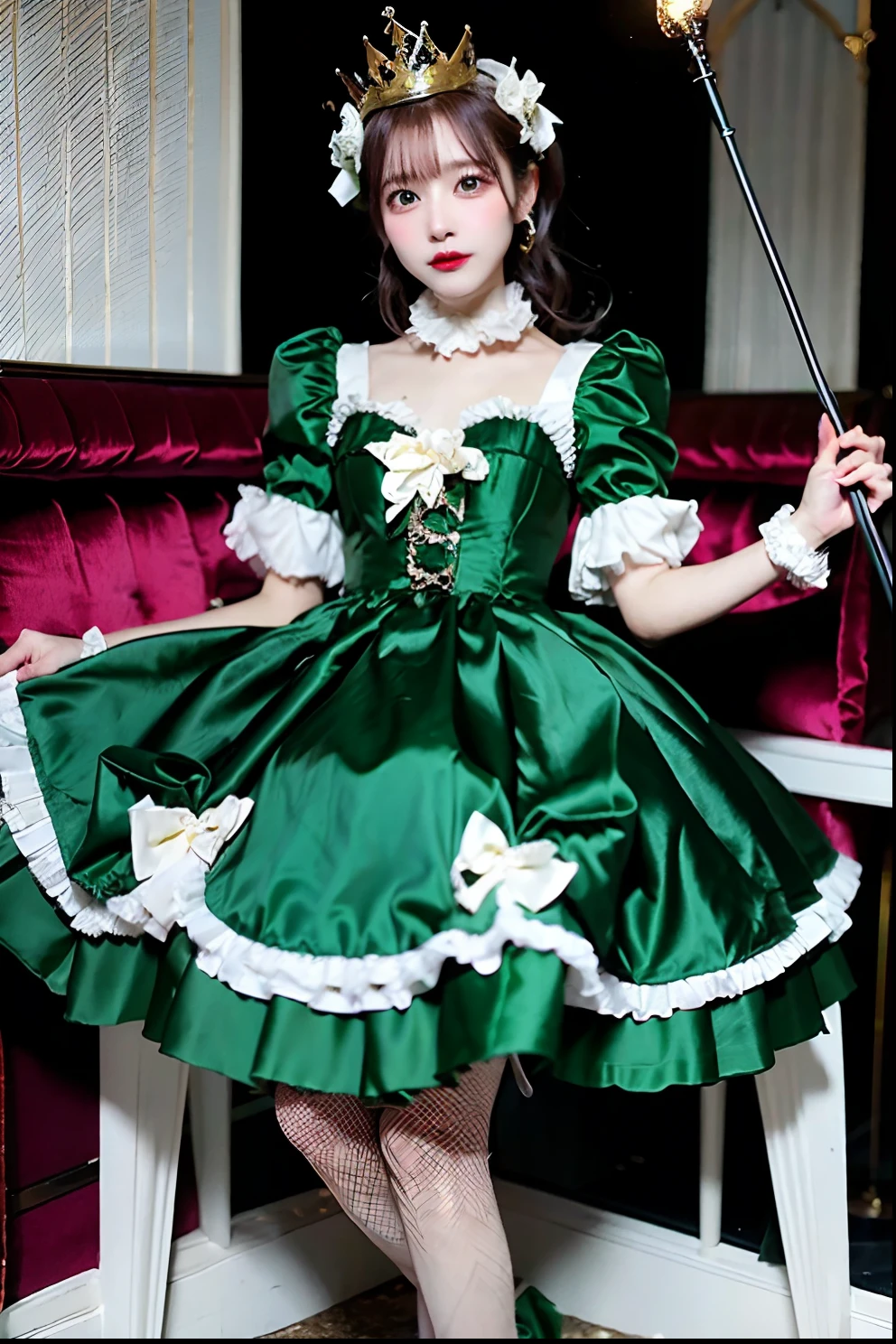 Arafe in green satin dress with cane and crown, fantasy dress, magical dress, dreamy style, very magical and dreamy, ta Fashion, ethereal fairy tale, fairycore, fantasy outfit, wearing fantasy formal clothing, angelic pretty, dreamy and detailed, Lolityle, fantasy style clothing, rococo dress, Fantasy aesthetics!, romantic dress