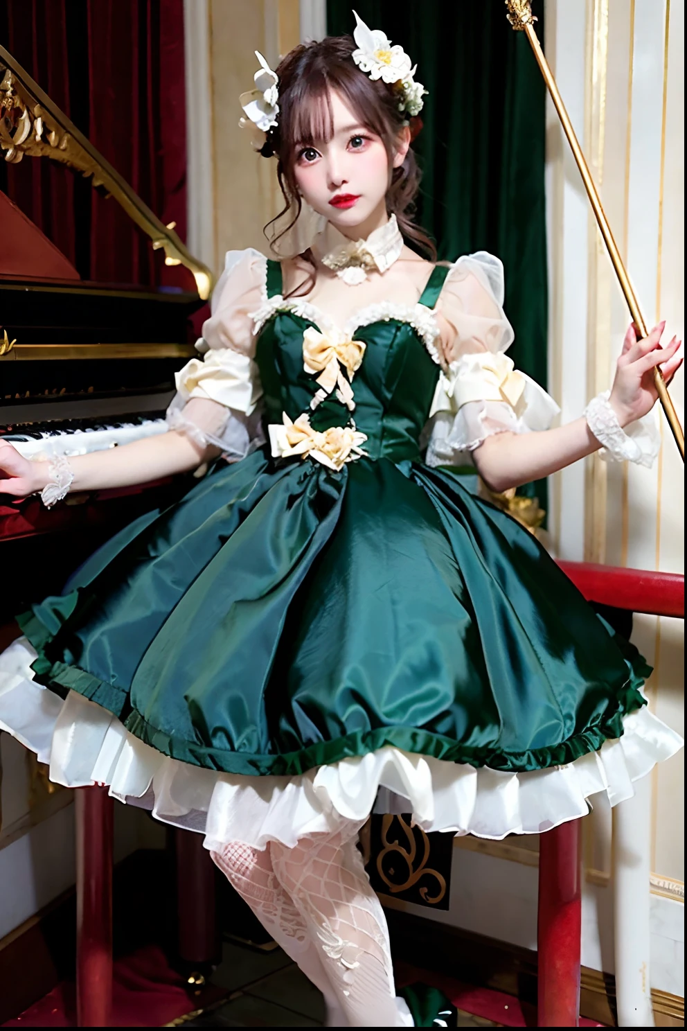 Arafe in green satin dress with cane and crown, fantasy dress, magical dress, dreamy style, very magical and dreamy, Lolita Fashion, ethereal fairy tale, fairycore, fantasy outfit, wearing fantasy formal clothing, angelic pretty, dreamy and detailed, Lolita style, fantasy style clothing, rococo dress, Fantasy aesthetics!, romantic dress