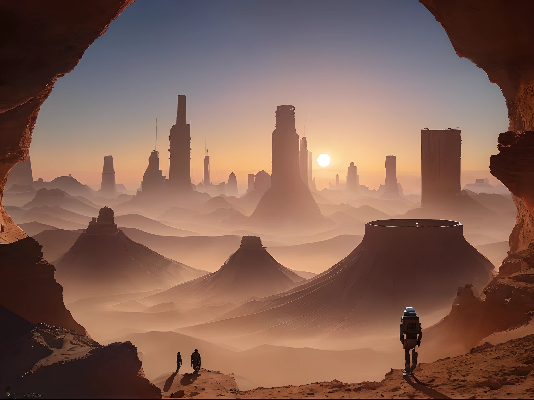 (La mejor calidad, obra maestra:1.3), A very detailed science fiction illustration, Interior of the base of the desert alien planet, luminosidad, Stylized geometric shapes prevail. Alien beings and small-scale alien animals walk in the distance. On the horizon in the distance an alien construction, El ambiente es pesado, algo de niebla, principal gigante invertida, It is surrounded by small boats. cinematography lighting, 8K realistic photography, gran plano. Espectacular y calurosa puesta de sol. Spacecraft fly to construction on the horizon. en el cielo planeta con anillos en el firmamento