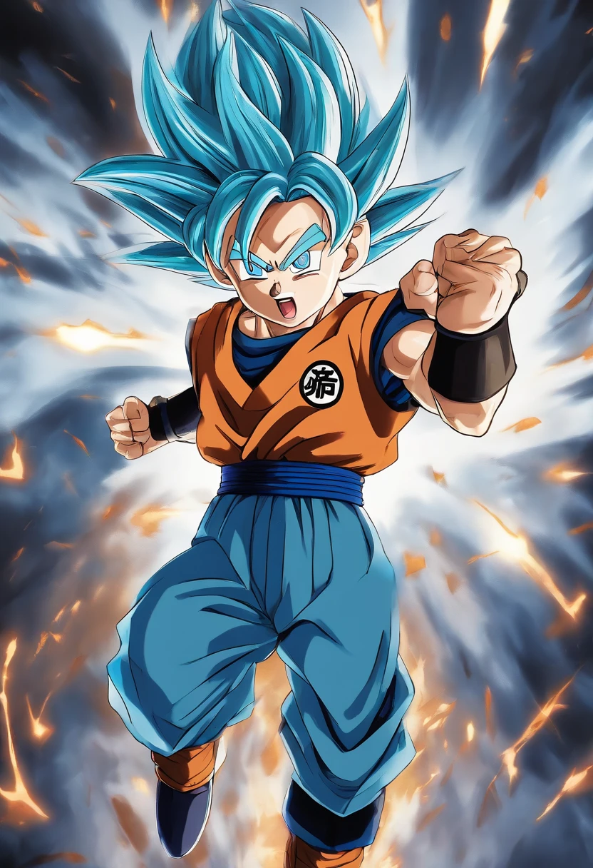 (best quality,4k,8k,highres,masterpiece:1.2), detailed Goten, detailed face and hair, clear blue eyes, blue button-down shirt, normal form, vibrant colors, anime style, dynamic pose, dragon ball super theme, cinematic quality, intense lighting, action-packed scene