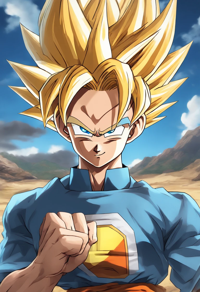 (best quality,4k,8k,highres,masterpiece:1.2), detailed Goten, detailed face and hair, clear blue eyes, blue button-down shirt, normal form, vibrant colors, anime style, dynamic pose, dragon ball super theme, cinematic quality, intense lighting, action-packed scene