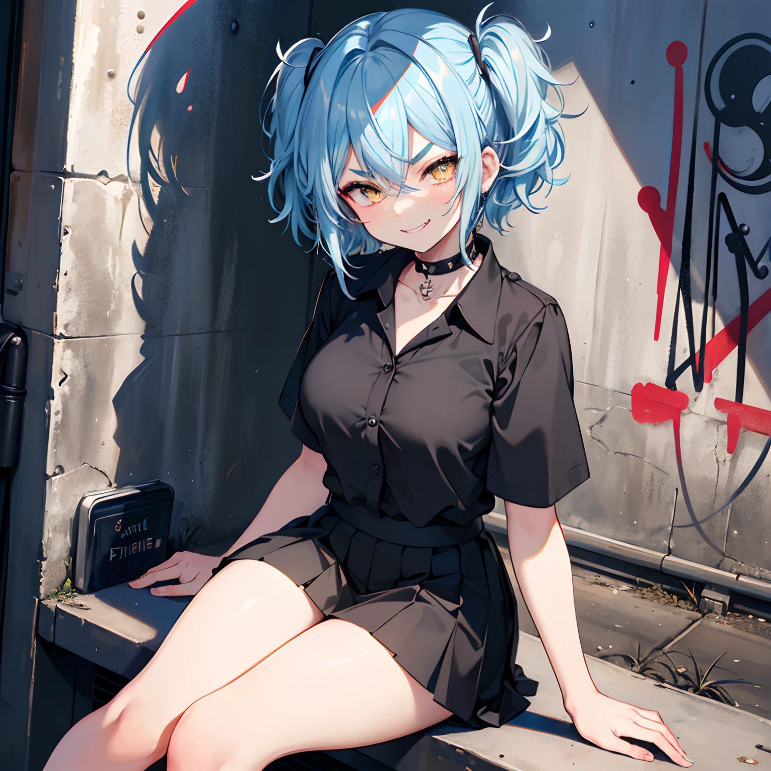 ((Tabletop, Highest quality, beautiful: 1.2)), (Golden Ratio: 1.2), (whole body: 1.2), (Very detailed: 1.3), (girl: 1.3), (Fractal Art: 1.3), whole body, (Sparkling eyes)), pattern, (Rainbow Hair, colorful hair, Half Light Blue、Half pink hair: 1.2)), colorfulに書かれている、(Heterochromia iridis), (colorful: 1.5), (((Embarrassed face))), ((Overalls)), (Hyper Detail), ((Subtle details)), (Intricate details), ((Cinematic Light, Highest qualityのバックライト)), High Contrast, ((Best lighting,delicate beauty)), (( Cinematic Light)), (ray tracing reflection, Shine), ((Shiny Hair)), ((Very detailed)), (8K)), ((close)), ((Captivating smile)) ,((ハイアングルwhole bodyショット)),(Browsing Caution:1.5)、((Sit on a transparent board))、bus、