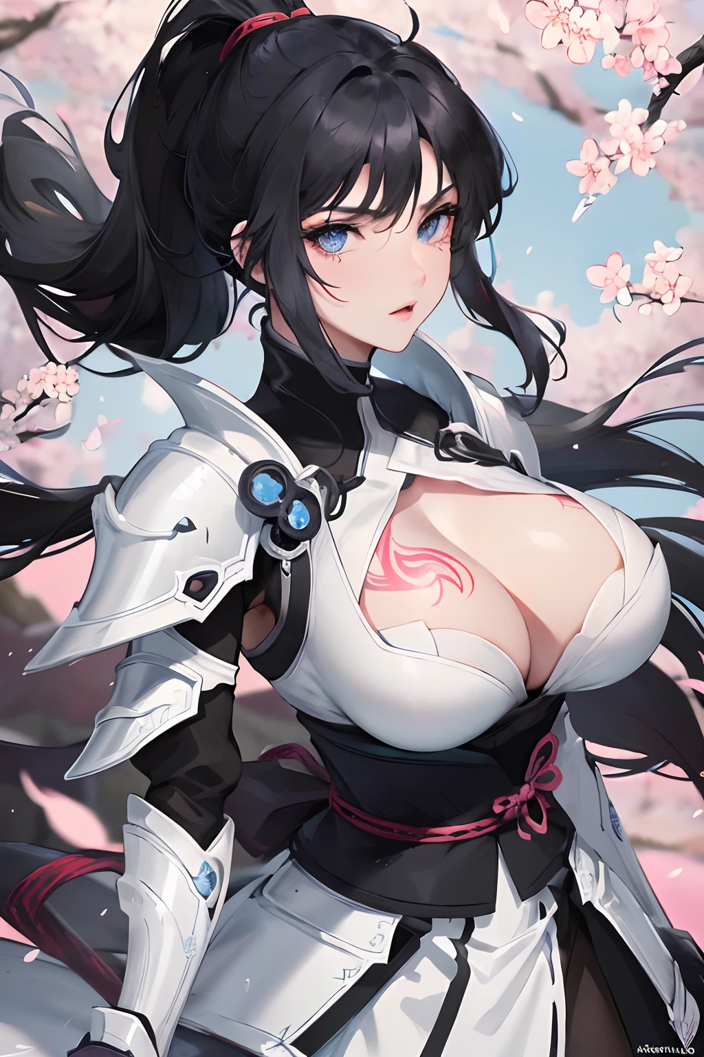 The most beautiful ninja warrior princess, black hair, blue eyes, wearing white battle armor, a ninja sword mounted on her back, huge breasts exposed, tattoos and piercings, cherry blossoms blowing in the wind, high quality, high resolution