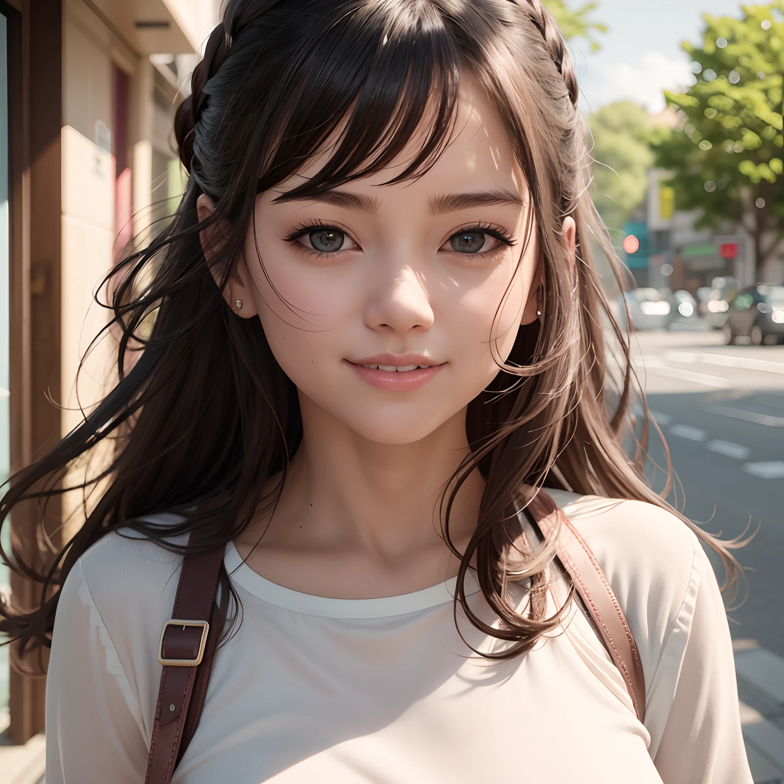 There is a woman on the street smiling and holding a bag, 3 d anime realistic, realistic anime 3 d style, photorealistic anime girl render, realistic anime art style, Hyper realistic anime, Beautiful Anime Portrait, Stunning anime face portrait, realistic young anime girl, Realistic anime art style, photorealistic anime, kawaii realistic portrait, Anime Realism Style, realistic cute girl painting