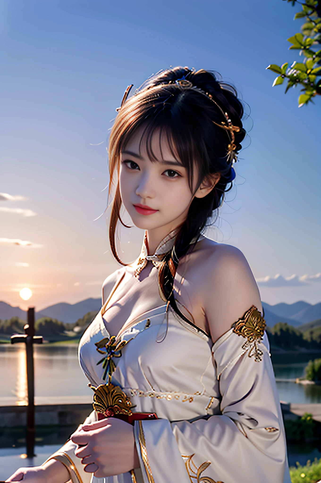 A beautiful dancer in ancient China,Delicate lines,gorgeous costumes in ancient China,delicate and vivid,Shy face,Willow leaf eyebrows,personality depiction,Coiled hair,gold leaves,flowing clouds,aquarelle,crane surrounding,Ink painting,Gentle eyes,Meticulous, Color scheme,exquisite clothing patterns,author:look at, Open the mind,Zhang Xuan,Professional color grading,Realistic style,Soft shadows,Clean and sharp focus,FLIM photography,Panoramic view,32k --v 6