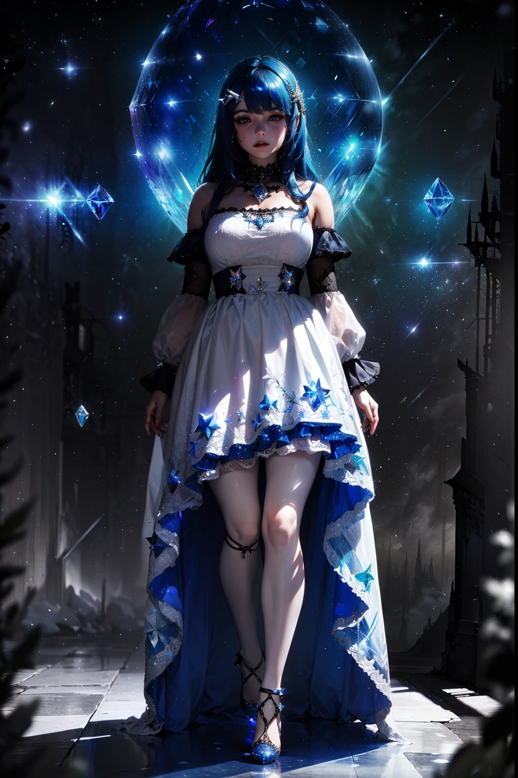 black lips, witch (masterpiece), best quality, (((in hyper realistic and detailed fantasy white short doll dress, aethereal Bloodbourne aesthetic style))), intricate perfect beauty face, detailed sharp expressive eyes, hyper realistic and detailed blue hair, (((from face to the waist))), (((beauty slim shape))), 4k, UHD, (((hair clip crystal stars)))