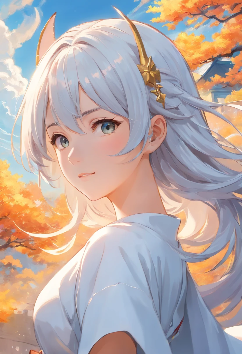Close-up of a girl in a white dress, White-haired god, Flowing white robe,flowing magical robe, Nine tails, wearing a long flowing robe,Fox ears,fox demon,highly detailed,((tmasterpiece)),(impasto),iintricate,church painting,(((1个Giant Breast Girl))))Picture frame,fanciful,Exquisite steppe,sorceress woman,Shepherds have gray hair,(Nice face),Beautiful detailed face,Extremely delicate and beautiful girl,Under a big tree,sunny clear sky,ventania,beautiful sky,cumulus cloud