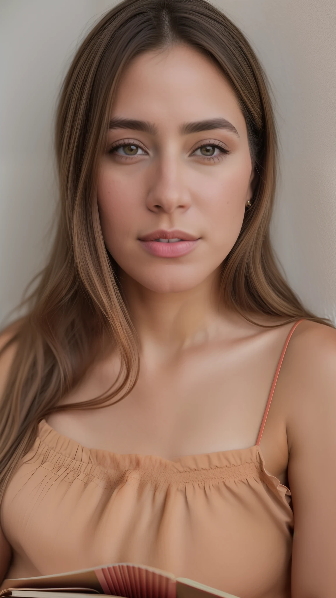 There's a woman who's sitting with a book, low quality photograph, imagen frontal, Cuello ampliado de labios hacia abajo, granulado de baja calidad, Your skin is light brown, imagen de muy muy muy baja calidad, Foto de baja calidad, Kailee Mandel, Retrato suave disparado 8K, imagen granulada pesada, imagen granulada, Retrato de Lofi
