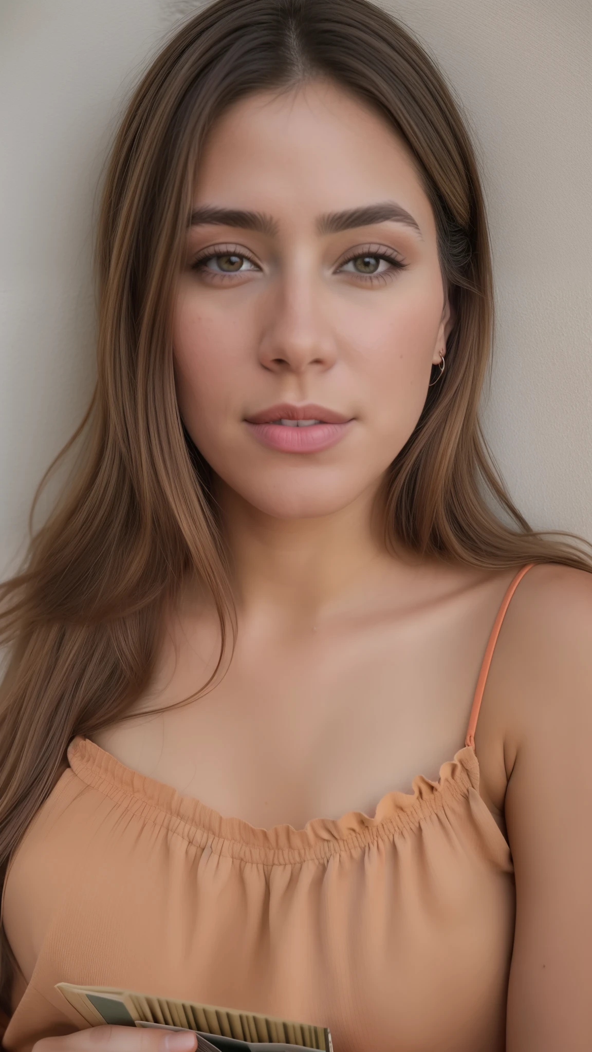 There's a woman who's sitting with a book, low quality photograph, imagen frontal, Cuello ampliado de labios hacia abajo, granulado de baja calidad, Your skin is light brown, imagen de muy muy muy baja calidad, Foto de baja calidad, Kailee Mandel, Retrato suave disparado 8K, imagen granulada pesada, imagen granulada, Retrato de Lofi