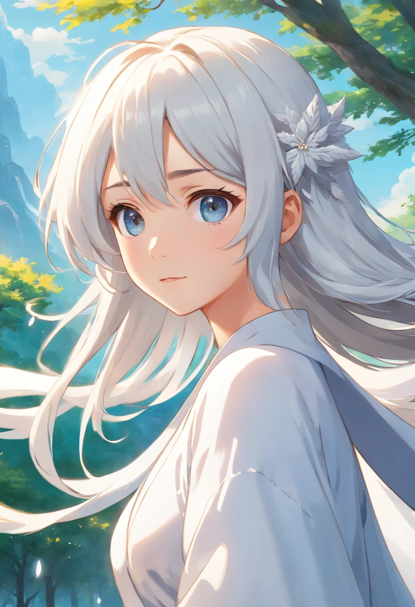 Close-up of a girl in a white dress, White-haired god,  Flowing white robe,flowing magical robe, Nine tails, wearing a long flowing robe，Fox ears，fox demon，highly  detailed，（（tmasterpiece）），（impasto），iintricate，church painting，（（（1个Giant Breast Girl））））Picture frame，fanciful，Exquisite steppe，sorceress woman，Shepherds have gray hair，（Nice face），Beautiful detailed face，Extremely delicate and beautiful girl，Under a big tree，sunny clear sky，ventania，beautiful sky，cumulus cloud