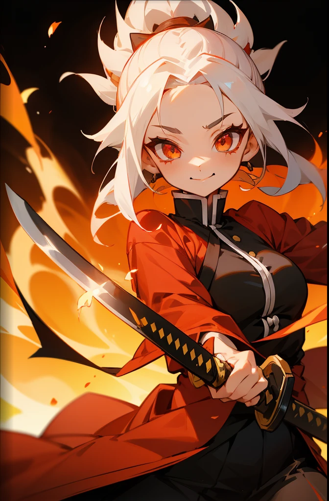 girl with white hair, medium length hair, short height, Demon Slayer art style, small breasts, Kimetsu in yaiba clothing style, Flame breathing, katana in hands, Fire around the katana, fire scene behind her, red clothes, smiling