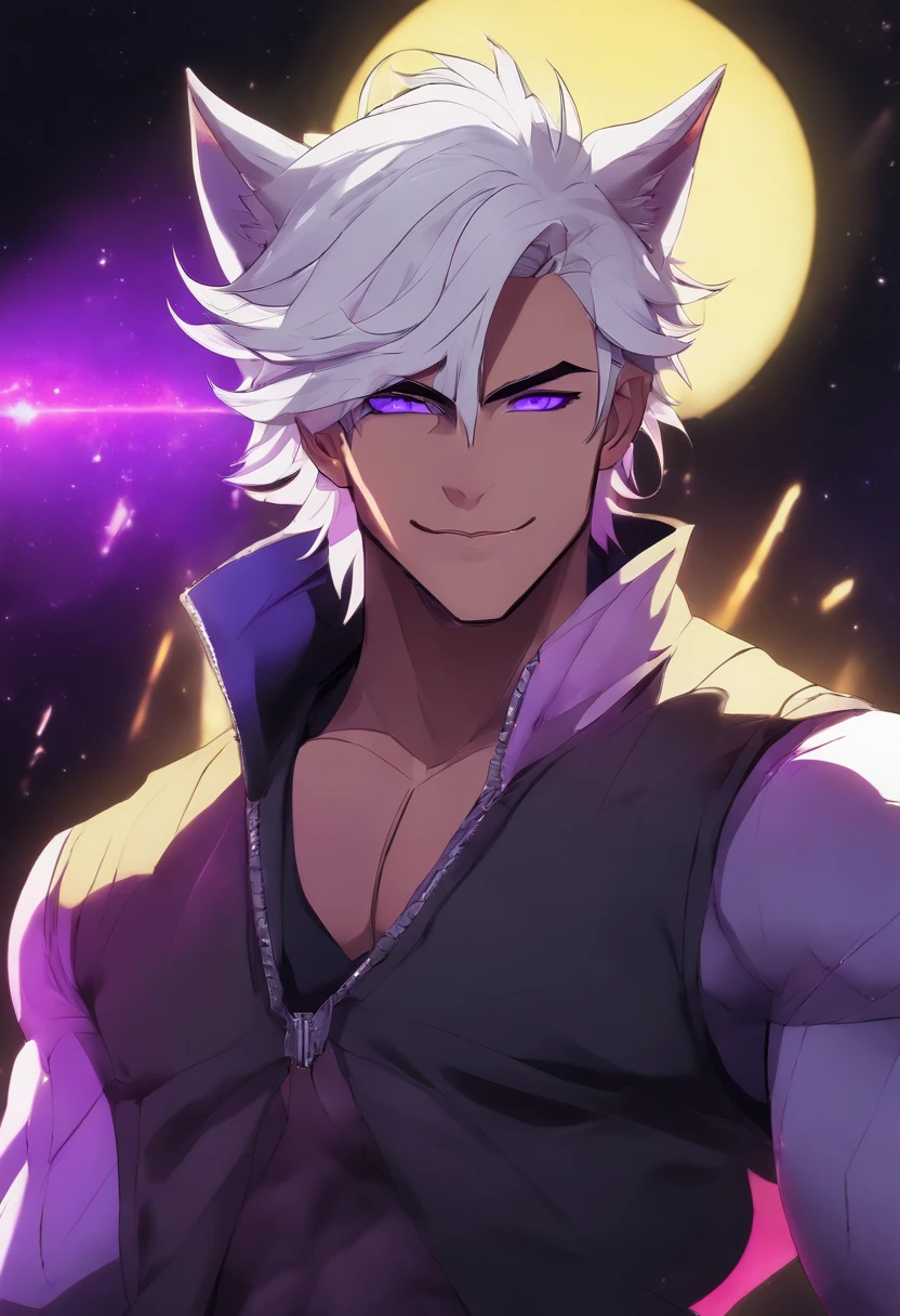 Solo, anime, male, muscular, abs, pecs, white hair, purple eyes, faint freckles on face, short hair, wolf ears, wolf tail, smiling, wearing futuristic neon clothing