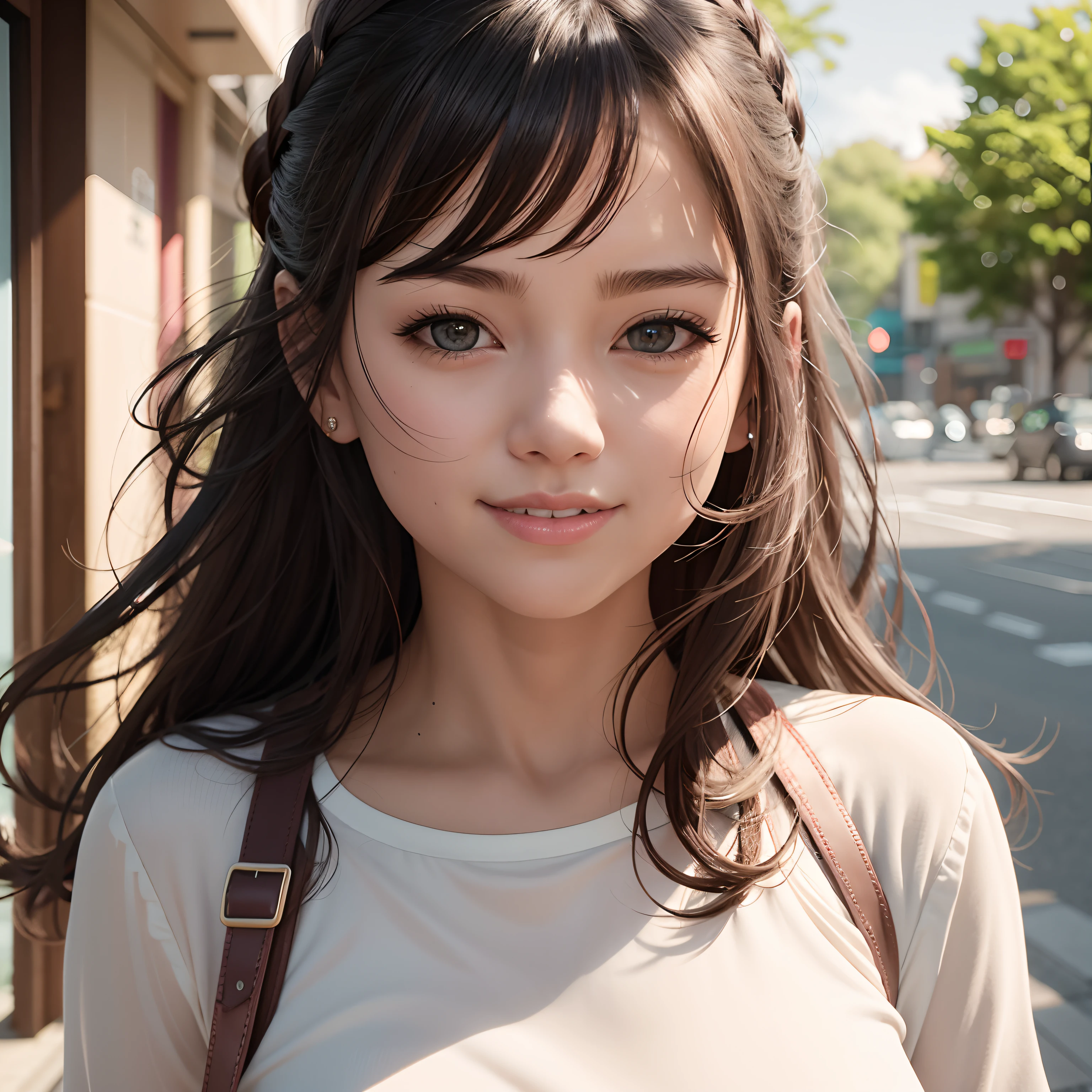 There is a woman on the street smiling and holding a bag, 3 d anime realistic, realistic anime 3 d style, photorealistic anime girl render, realistic anime art style, Hyper realistic anime, Beautiful Anime Portrait, Stunning anime face portrait, realistic young anime girl, Realistic anime art style, photorealistic anime, kawaii realistic portrait, Anime Realism Style, realistic cute girl painting
