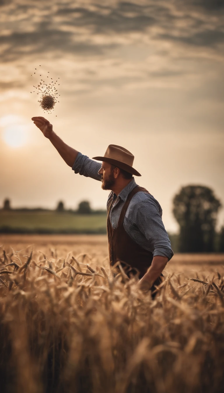 a farmer throwing seeds into the field with his hands