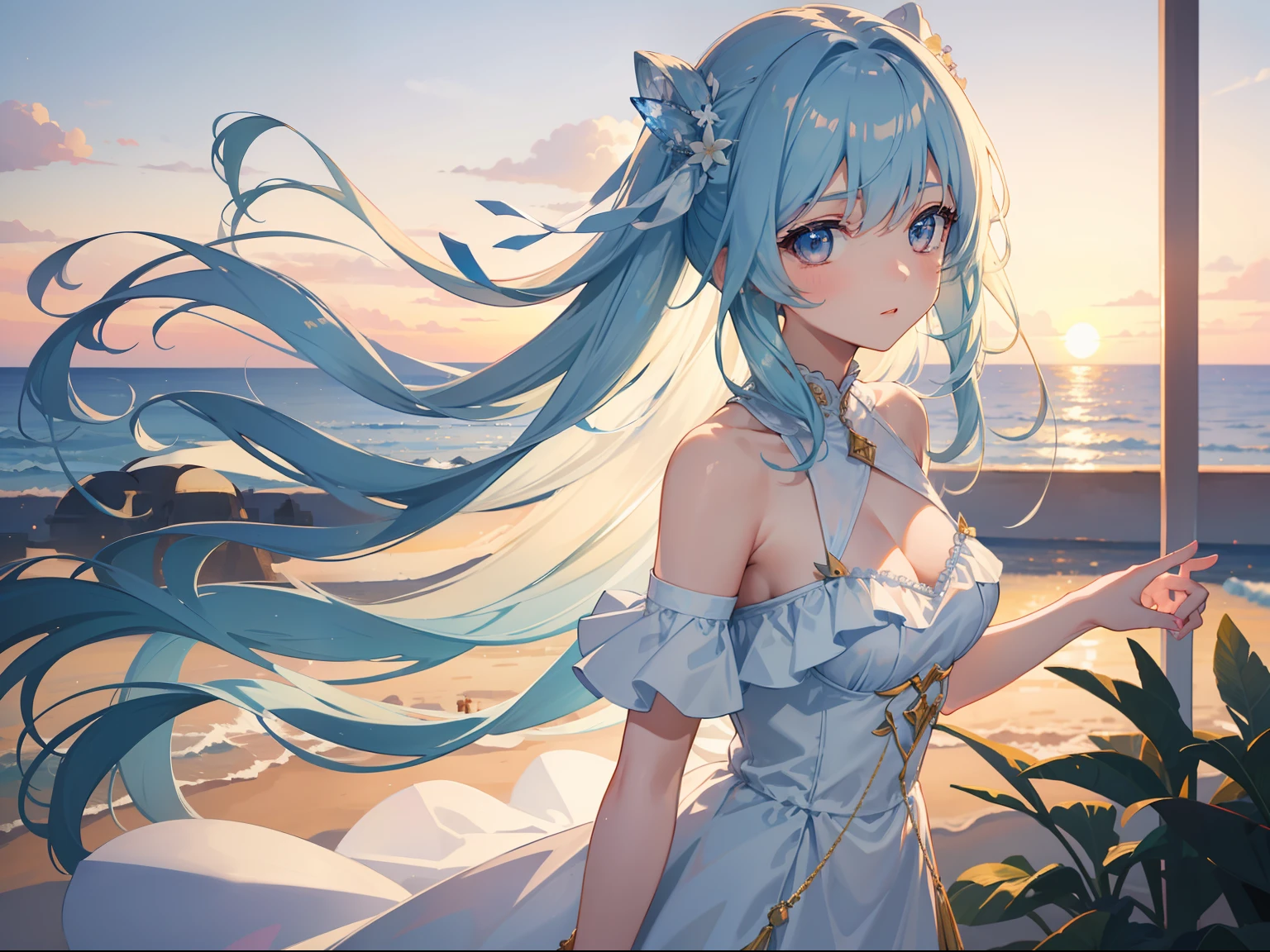 Girl with long light blue hair、Black eyes、Long dress with white ruffles.The figure illuminated by the setting sun is God々Right!an orange、pink there、Yellow blends to fill the sky、The sunset over the beach is truly mesmerizing。The crystal clear sea gently kisses the shore、White sand beaches stretch everywhere。Seagulls soar high into the sky、It is a dynamic and breathtaking scene with palm trees gently swaying。Embrace a calm atmosphere、Peace washes you。Face Highlights