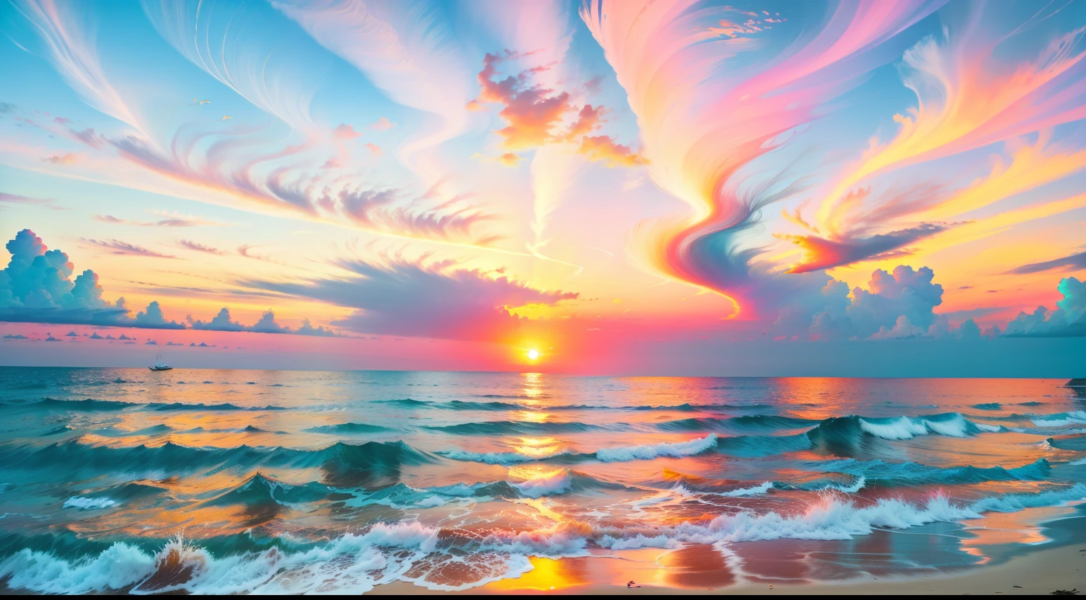 Absolutely mesmerizing sunset on the beach,The sky is mixed with orange、Pink and yellow。The sea is crystal clear,Kissing the shore tenderly
