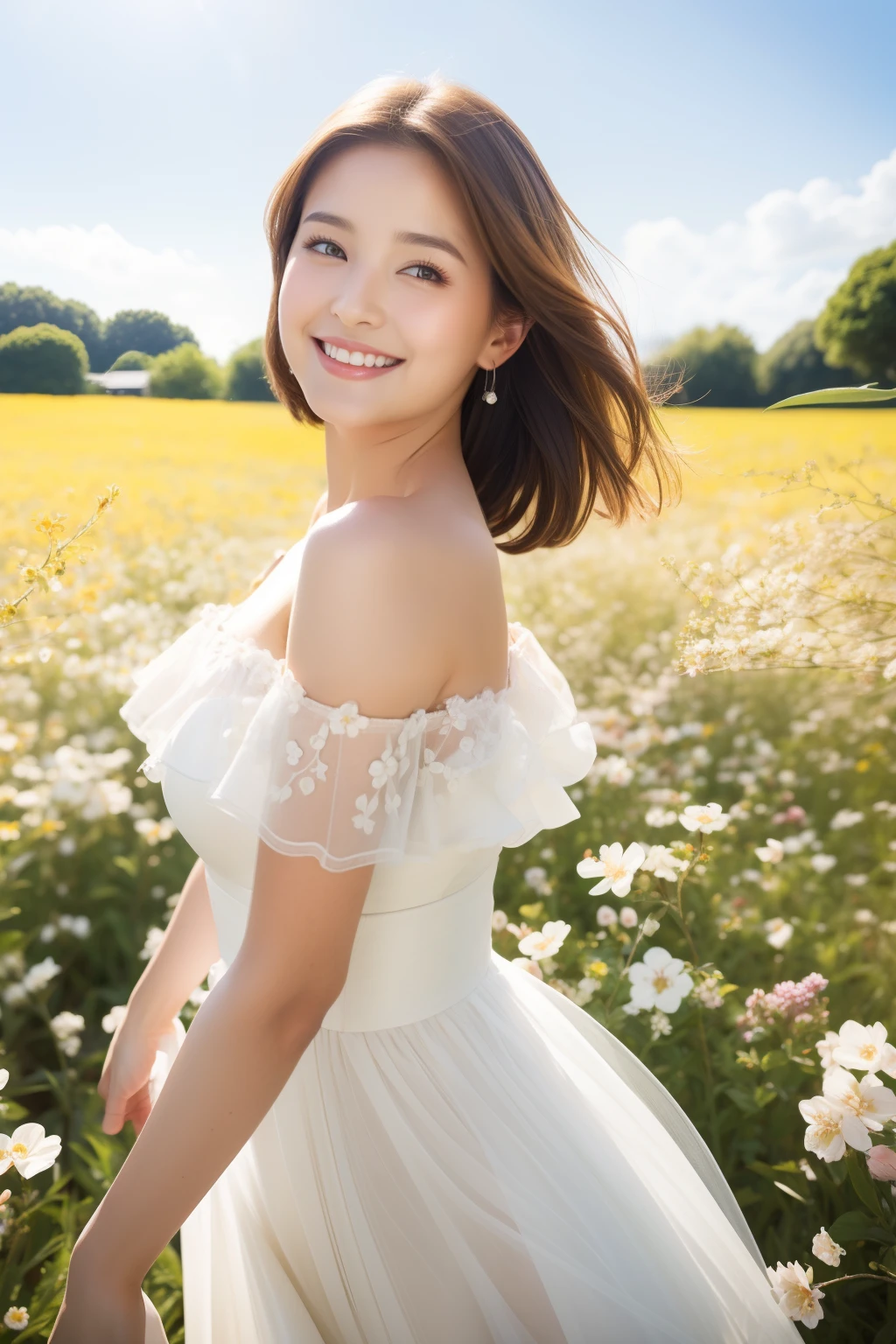 Best quality, masterpiece, ultra high res, (photorealistic:1.4), raw photo, 1girl, white dress, off shoulder, blossom flower field, glowing skin, light smile