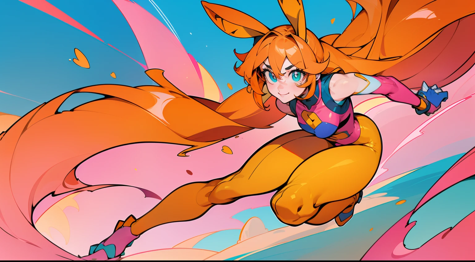 ((Best Quality)), ((Masterpiece)), ((Realistic)) tsuka kendou, 1woman, cute face, determined look, smile, long_legs, full_body, adult mature female ((spiky orange-pink hair,))((orange-pink mullet 1.1)), (long hair), bright cyan_eyes, (yellow_pupil,) hero, sleeveless blue_spandex_bodysuit, long orange-pink rabbit_ears, colored concept art, highly detailed character design, highly detailed face, Vivid and colorful colors, Delicate lines