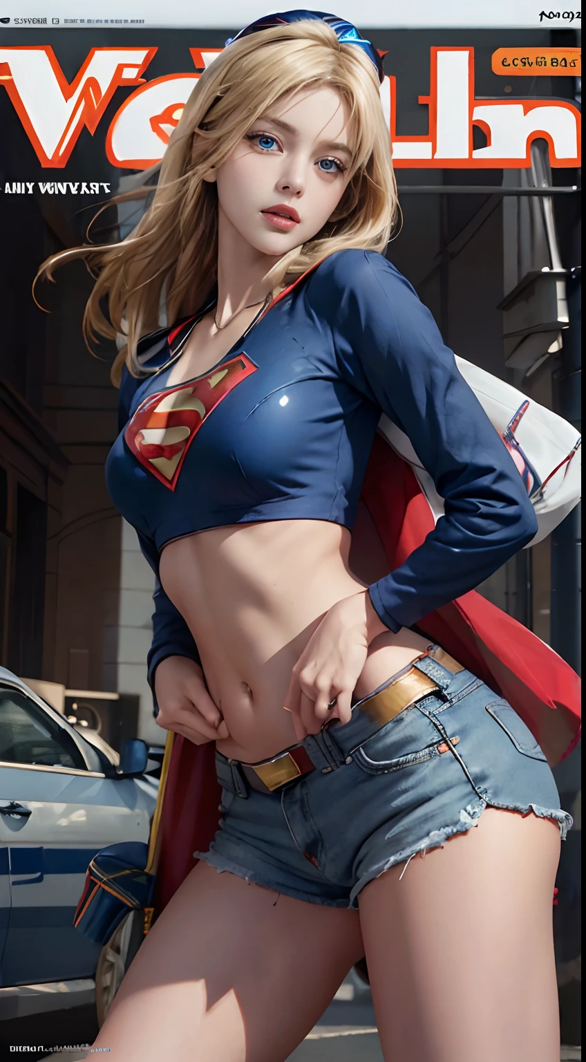 ((((best quality))), (((ultra detailed))), (((masterpiece))), illustration,(Magazine cover style illustration of a trendy blonde woman with a vibrant outfit with superman's letter S on her chest), posing in front of a colorful and dynamic background. She has a confident expression and is holding a statement accessory, The text on the cover should be bold and attention-grabbing, with the magazine title and a catchy headline. The overall style should be modern and modern, with a focus on fashion and lifestyle),
wallpaper, crowds, fashion, lipstick, ray tracing, depth of field, street, in public, day
1girl, solo, looking at viewer, shiny skin, contrapposto, navel, midriff, necklace, female focus, model, medium breasts, blue eyes, street, in public, police hat, police uniform, handcuffs, short shorts with supernan S, arms crossed,
legal, transparent, school uniform, jitome,
, underboob, floating blonde hair, sexy, thin fabric emphasis, dynamic pose, negative space: 0.35, realistic: 1.33, wearing superman's S symbol on the chest.