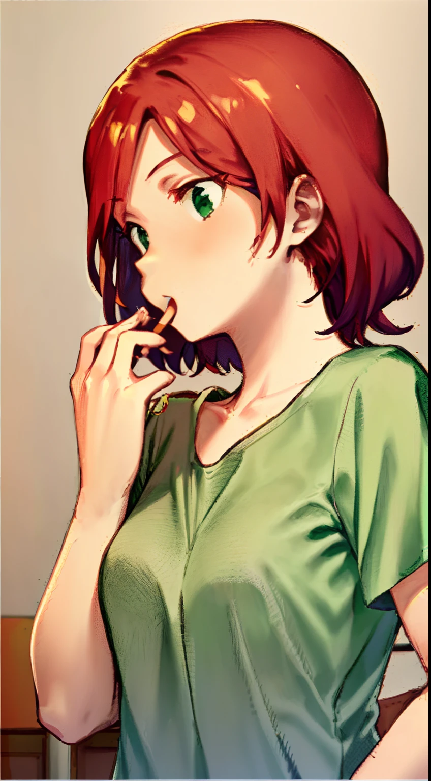 1girll, Solo,  finger to mouth, Open mouth,Solo, 1girll, apple, Fruit, food, shirt, Green shirt, Realistic, Red hair, Eating, holding fruit, Upper body, Holding food, White background, Simple background