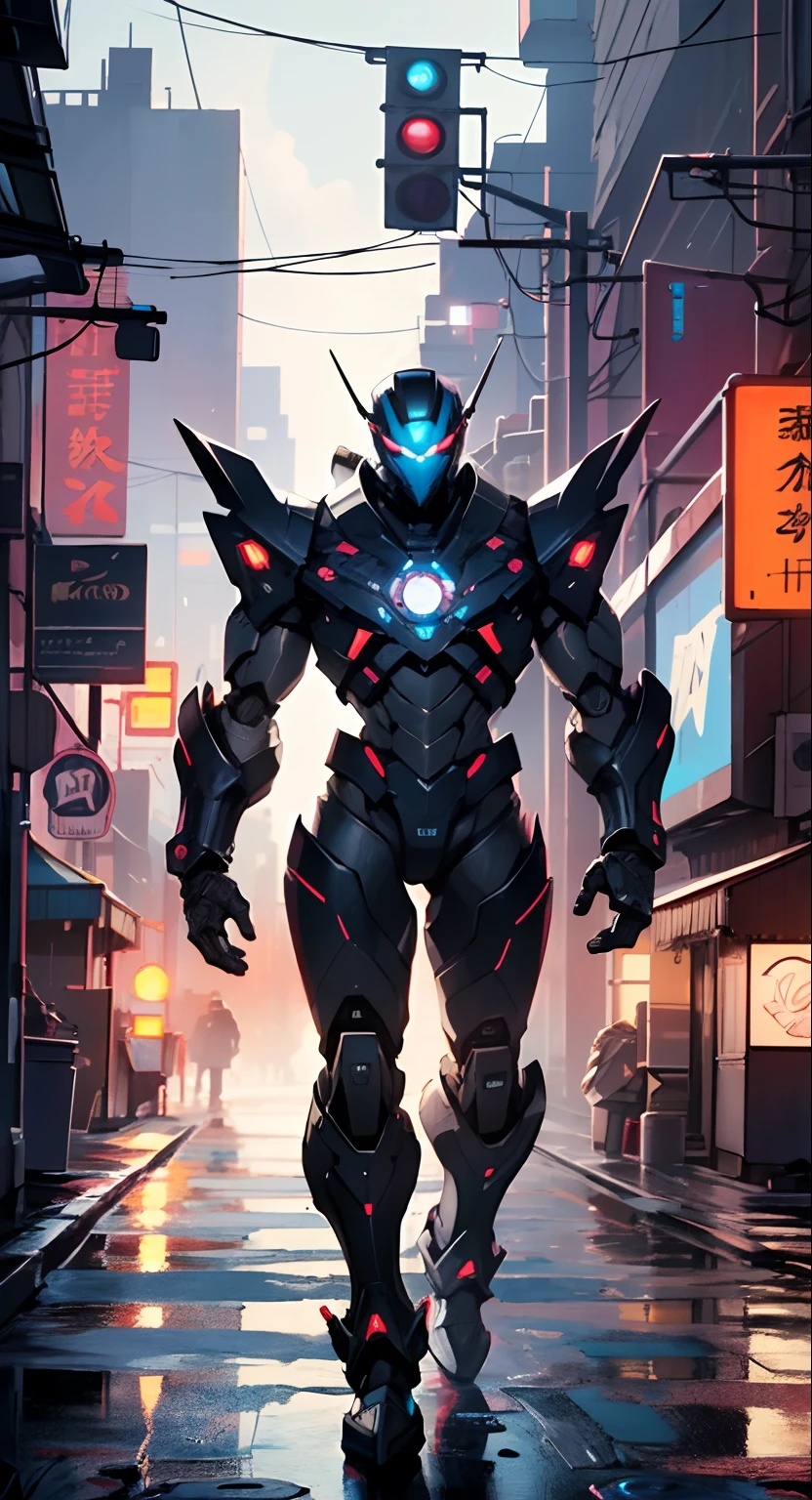 Imposing black plastic metal android robot,three meters tall and with a minimalist design that highlights its marked metallic musculature. His head is smooth and adorned with RGB lights that highlight his uniqueness and futurism.

He carries a metal backpack on his back that contains drones,turrets,and firearms. The backpack has spidery legs that allow it to move quickly.

Although most of his body is a deep,glossy black,there are orange,purple,and blue details that highlight his striking,futuristic design. It is undoubtedly an impressive creation that does not go unnoticed.

(((muscular))),hypermuscle, hyper muscles,carbon robot,humanoid robot, robot, robot joints, joints, helmet, armor, head-mounted display,

(dynamic pose:1.0),solo focus,(centered,scale to fit dimensions,Rule of thirds),

cyberpunk city by the ocean at night, with bright neon signs and dark stormy clouds and puddles,

highres, sharp focus, (ultra detailed, extremely detailed), (photorealistic artwork:1.37),(extremely detailed CG unity 8k wallpaper),((synthwave background theme)),(((vibrant colors,))),(intricate),(masterpiece),(best quality),synthwave neon colors,