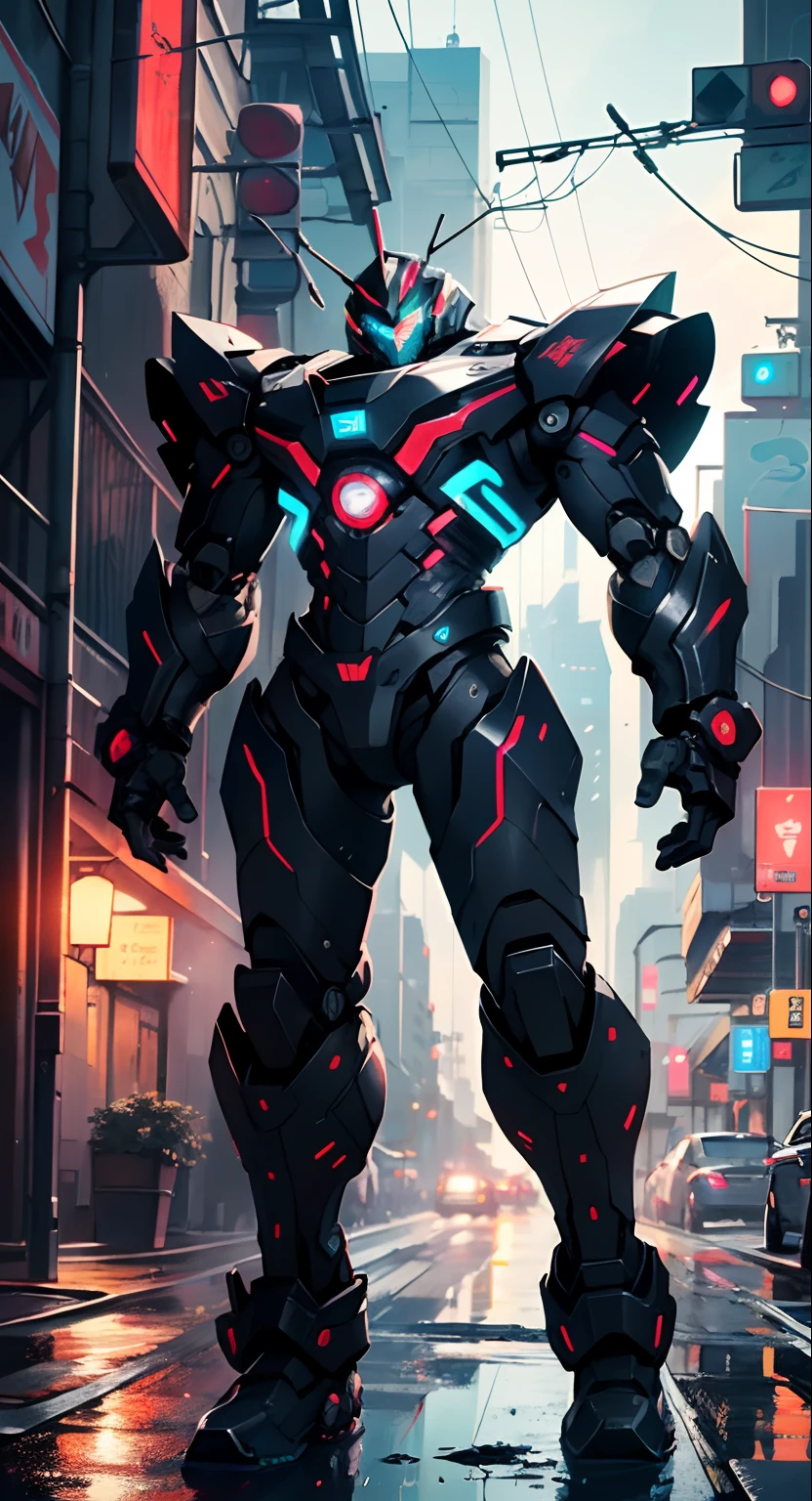 Imposing black plastic metal android robot,three meters tall and with a minimalist design that highlights its marked metallic musculature. His head is smooth and adorned with RGB lights that highlight his uniqueness and futurism.
He carries a metal backpack on his back that contains drones,turrets,and firearms. The backpack has spidery legs that allow it to move quickly.
Although most of his body is a deep,glossy black,there are orange,purple,and blue details that highlight his striking,futuristic design. It is undoubtedly an impressive creation that does not go unnoticed.
(((muscular))),hypermuscle, hyper muscles,carbon robot,humanoid robot, robot, robot joints, joints, helmet, armor, head-mounted display,
(dynamic pose:1.0),solo focus,(centered,scale to fit dimensions,Rule of thirds),
cyberpunk city by the ocean at night, with bright neon signs and dark stormy clouds and puddles,
highres, sharp focus, (ultra detailed, extremely detailed), (photorealistic artwork:1.37),(extremely detailed CG unity 8k wallpaper),((synthwave background theme)),(((vibrant colors,))),(intricate),(masterpiece),(best quality),synthwave neon colors,