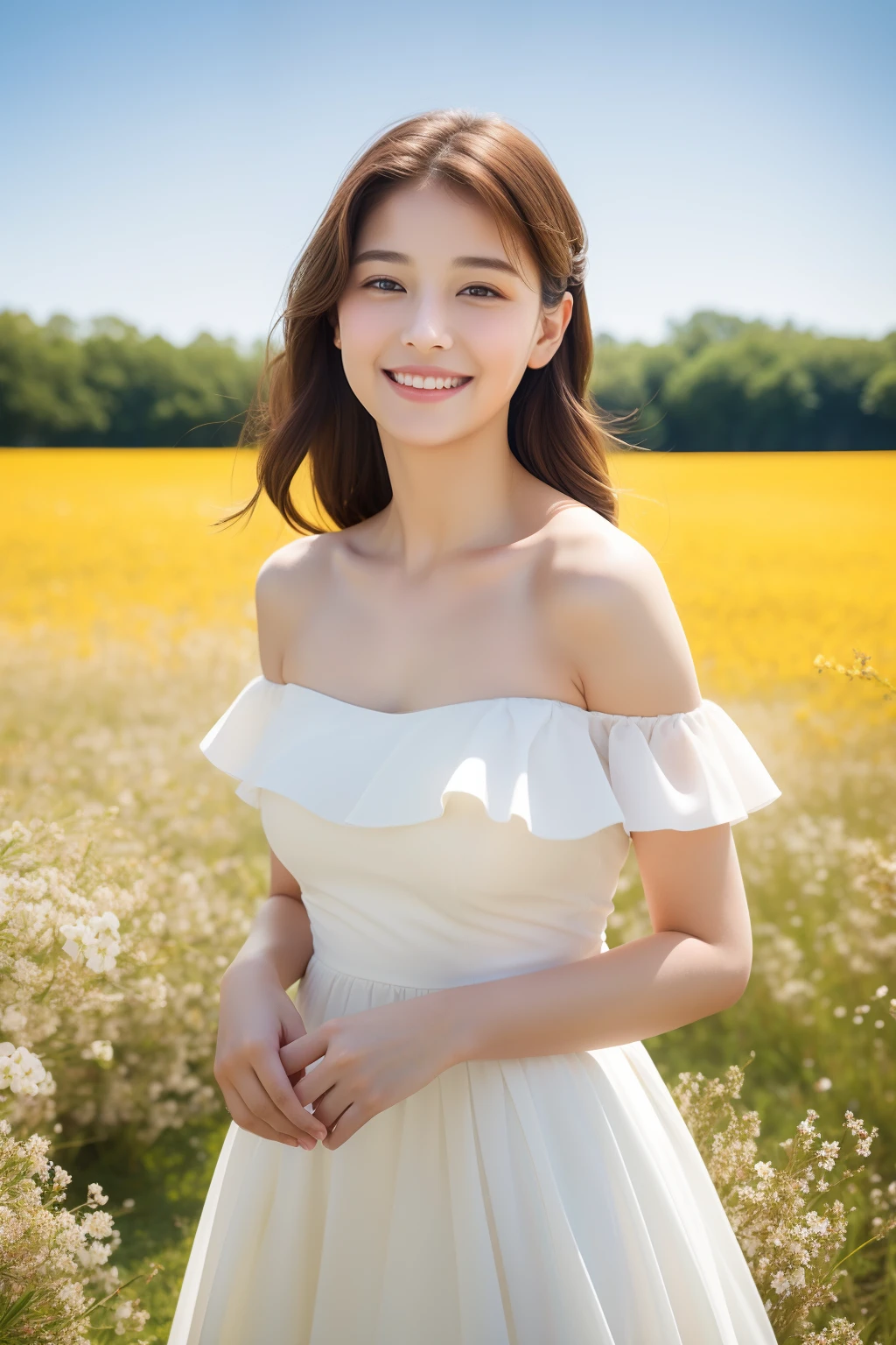 Best quality, masterpiece, ultra high res, (photorealistic:1.4), raw photo, 1girl, white dress, off shoulder, blossom flower field, glowing skin, light smile