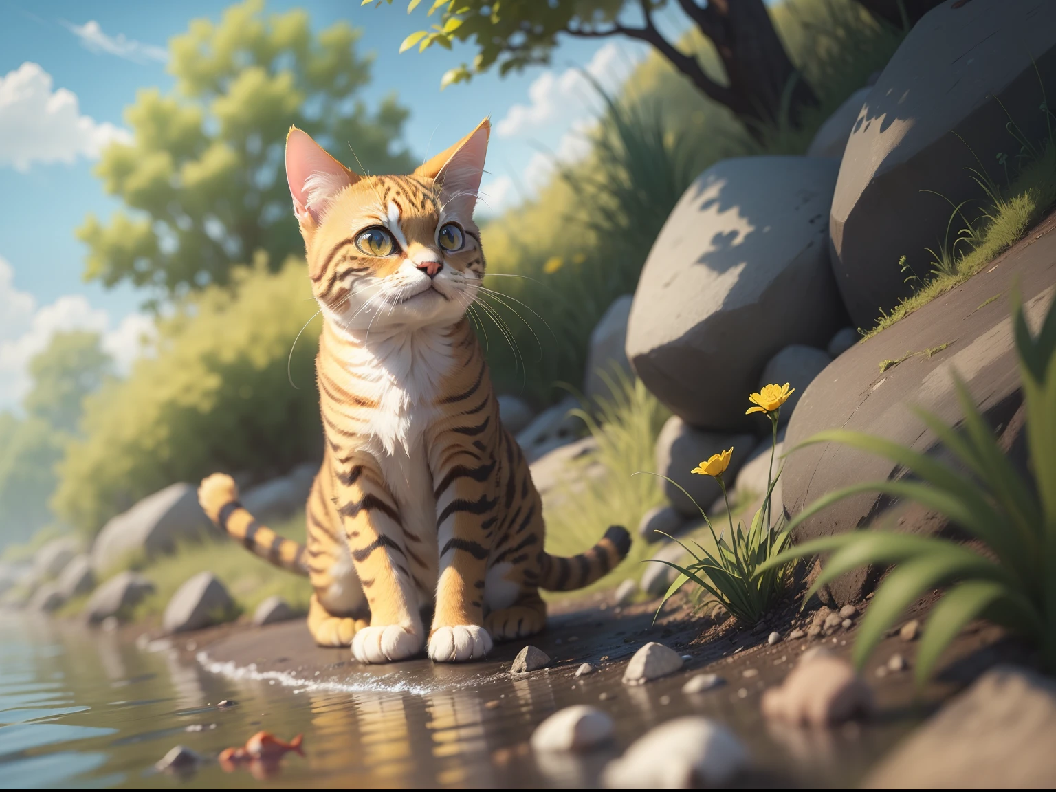 Little yellow cat catching fish by the river, There are small flowers by the river, steins, Blue sky. and the sun was shining brightly, the detail， 4K， k hd， high high quality.