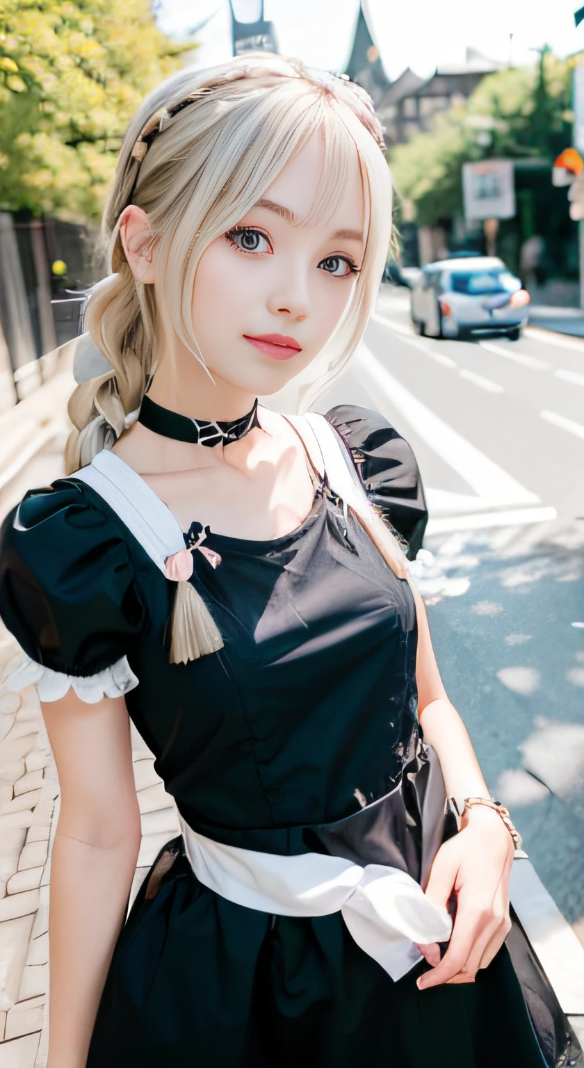 (ultra-detailliert), Frontal Face,head shot, Front view,Cute princess dresses in black color,(frilly dress),(shortsleeves),Blue eyes,The upper part of the body、full body Esbian、faces、(A smile:1.5),(facing front:1.2), 20yr old, teens girl,no tail,(no tail),2D, ​masterpiece, top-quality, animesque, A detailed eye, A detailed face, girl with, Only 1 person,Silver-haired medium hair, (a blond),  Ear Hair, small tits, Single braid, (Single braid), (Side braid), Pink ribbon, Ribbon around the neck, (White sleeves), Standing in the middle of the road