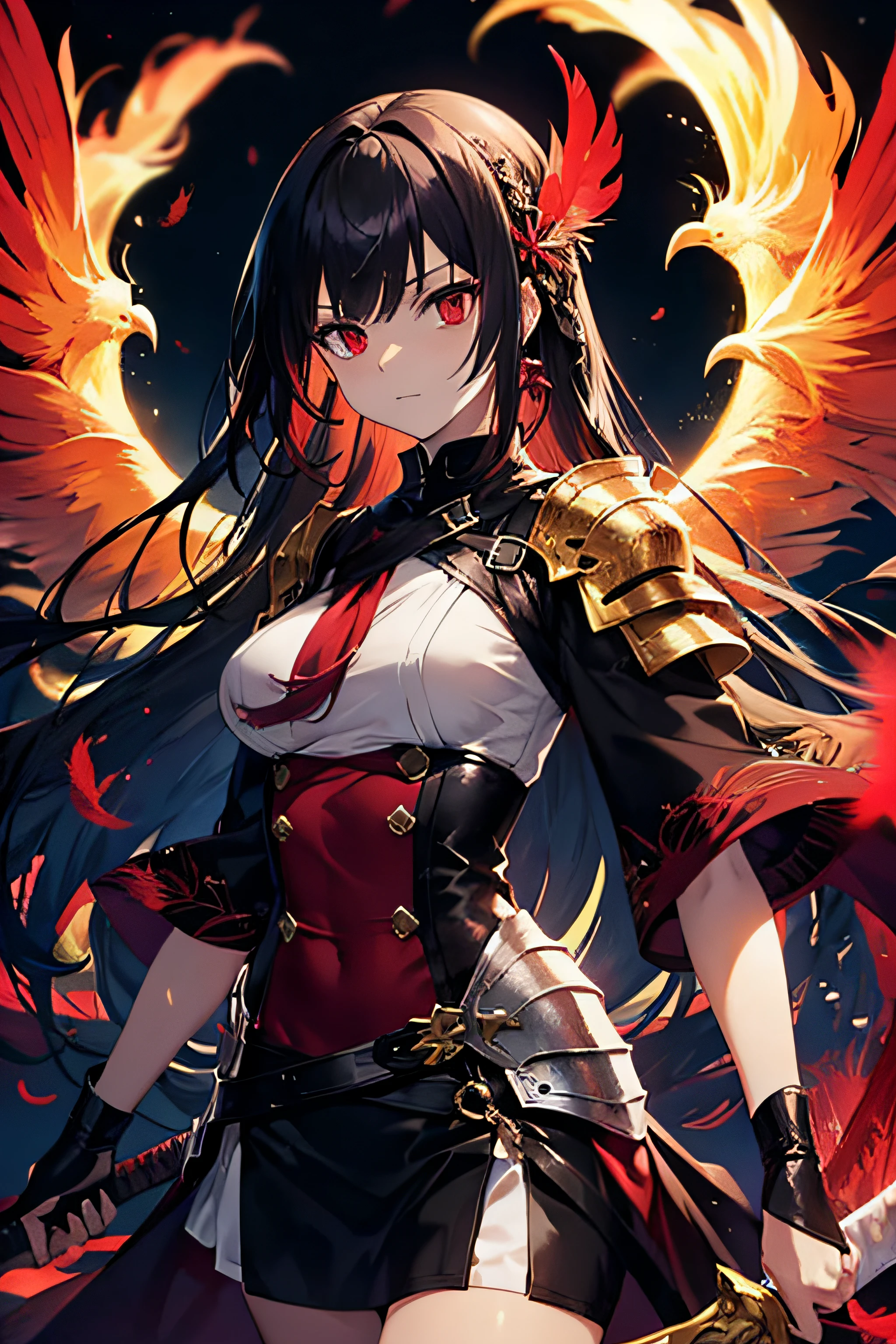 ((masutepiece:1.2, Best Quality)), girl with, Wear a phoenix, ((Red feathers)), knight , sword holding, volcanoes, Black hair, Long hair, Long hair, Red Eyes, Determined, nffsw, 8K, Textured skin
