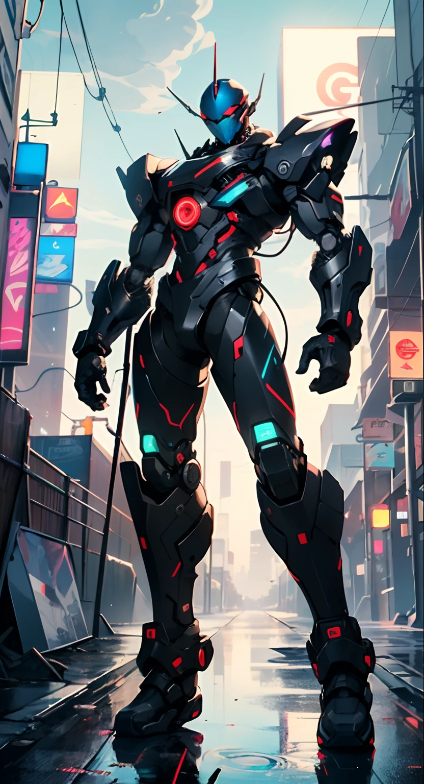 Imposing black plastic metal android robot,three meters tall and with a minimalist design that highlights its marked metallic musculature. His head is smooth and adorned with RGB lights that highlight his uniqueness and futurism.
He carries a metal backpack on his back that contains drones,turrets,and firearms. The backpack has spidery legs that allow it to move quickly.
Although most of his body is a deep,glossy black,there are orange,purple,and blue details that highlight his striking,futuristic design. It is undoubtedly an impressive creation that does not go unnoticed.
(((muscular))),hypermuscle, hyper muscles,carbon robot,humanoid robot, robot, robot joints, joints, helmet, armor, head-mounted display,
(dynamic pose:1.0),solo focus,(centered,scale to fit dimensions,Rule of thirds),
cyberpunk city by the ocean at night, with bright neon signs and dark stormy clouds and puddles,
highres, sharp focus, (ultra detailed, extremely detailed), (photorealistic artwork:1.37),(extremely detailed CG unity 8k wallpaper),((synthwave background theme)),(((vibrant colors,))),(intricate),(masterpiece),(best quality),synthwave neon colors,